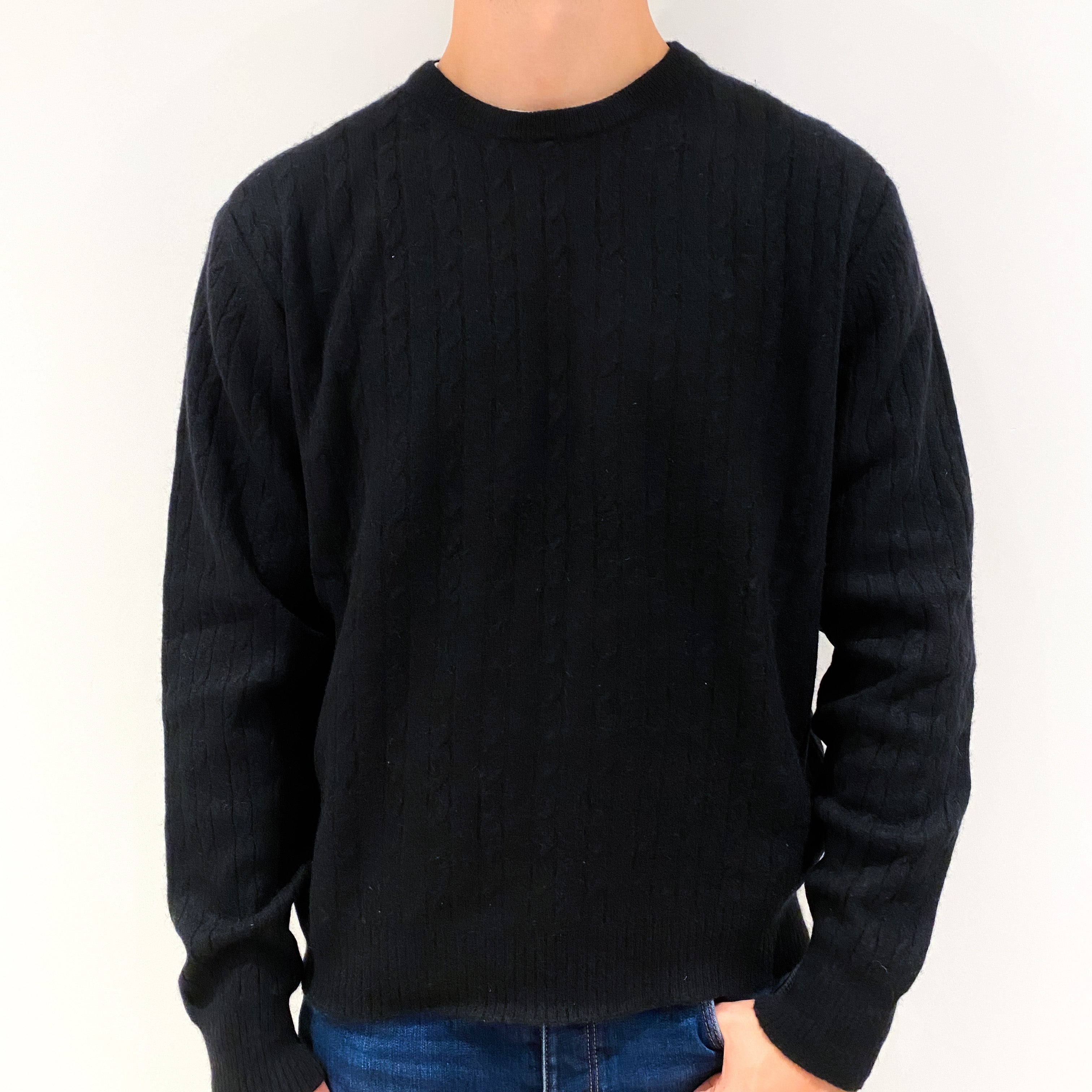 Men's Black Cable Cashmere Crew Neck Jumper Extra Large