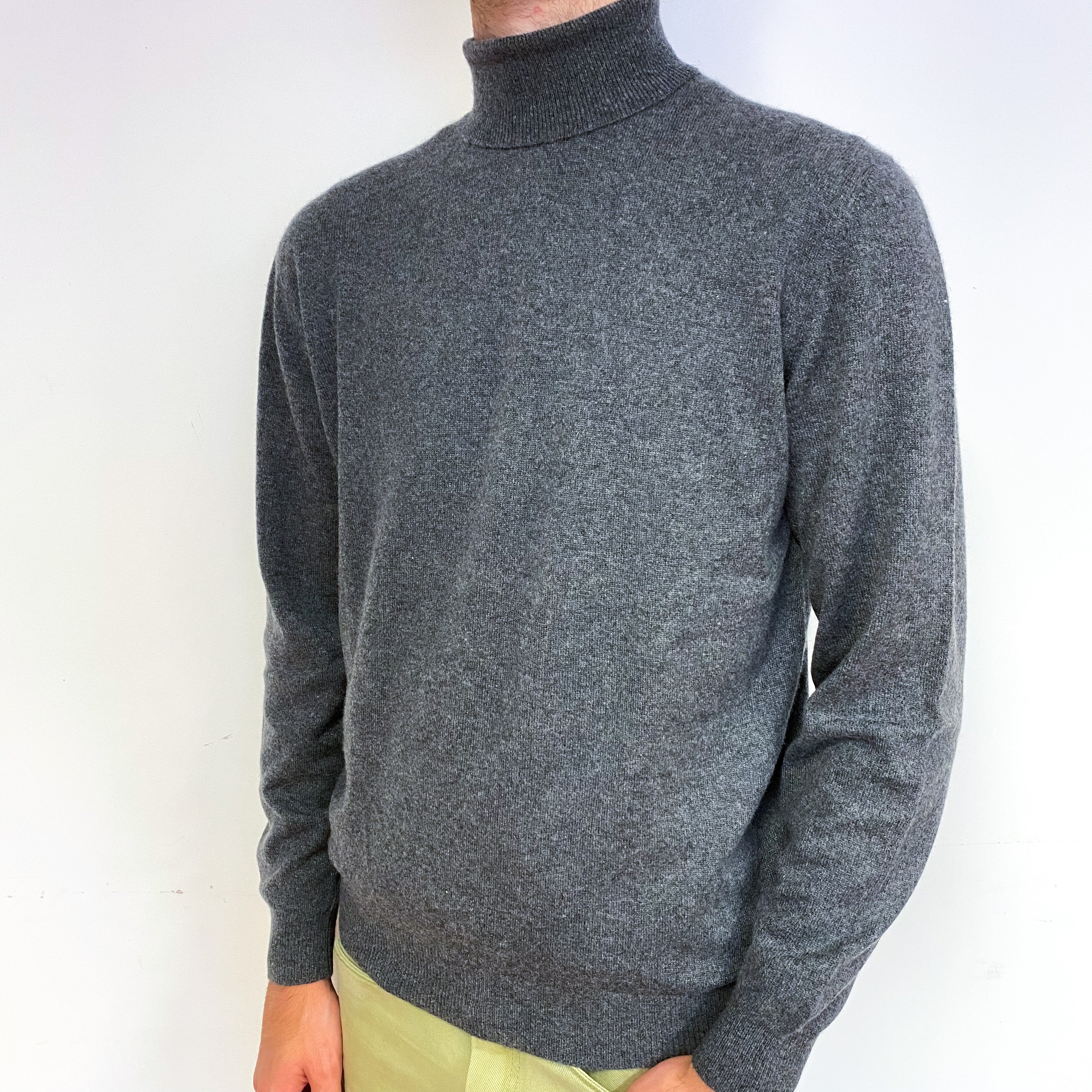 Men's Slate Grey Cashmere Polo Neck Jumper Large