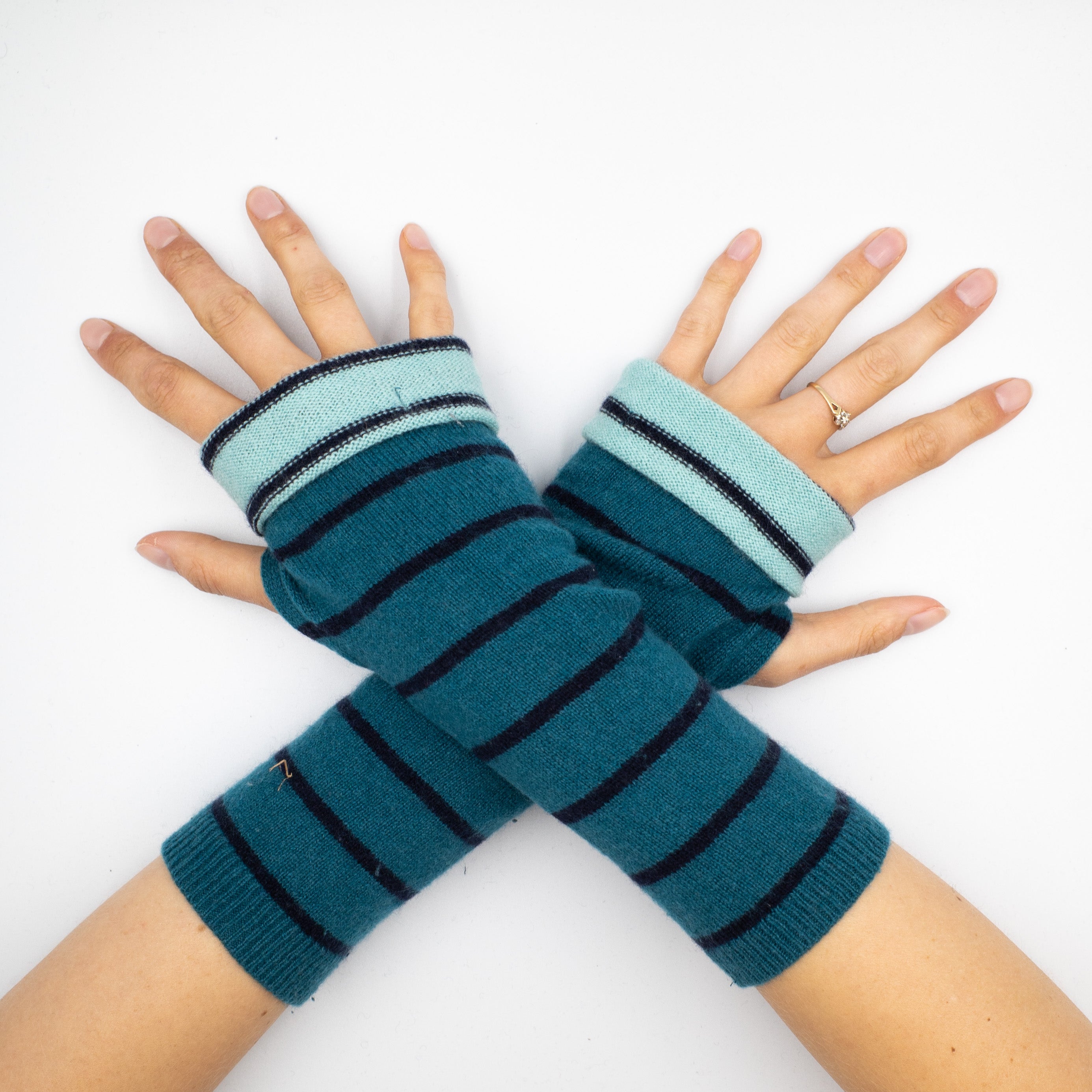 Teal Green and Navy Fingerless Gloves Striped