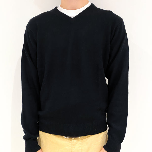 Men's Black Cashmere V-Neck Jumper Large