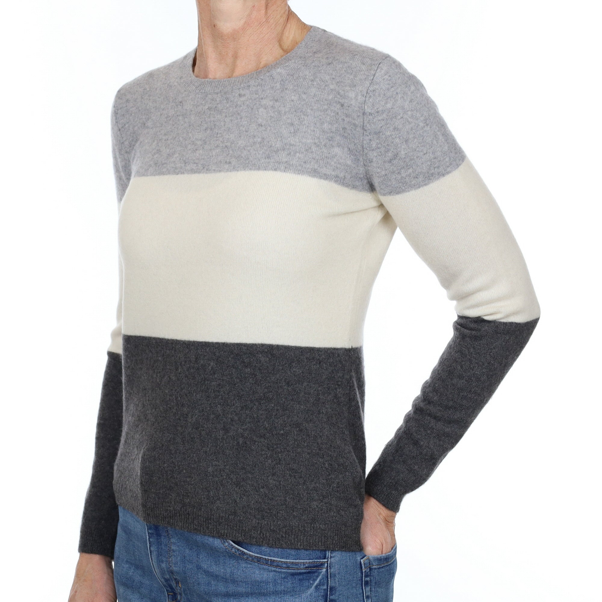 Grey and Cream Stripe Cashmere Crew Neck Jumper Small