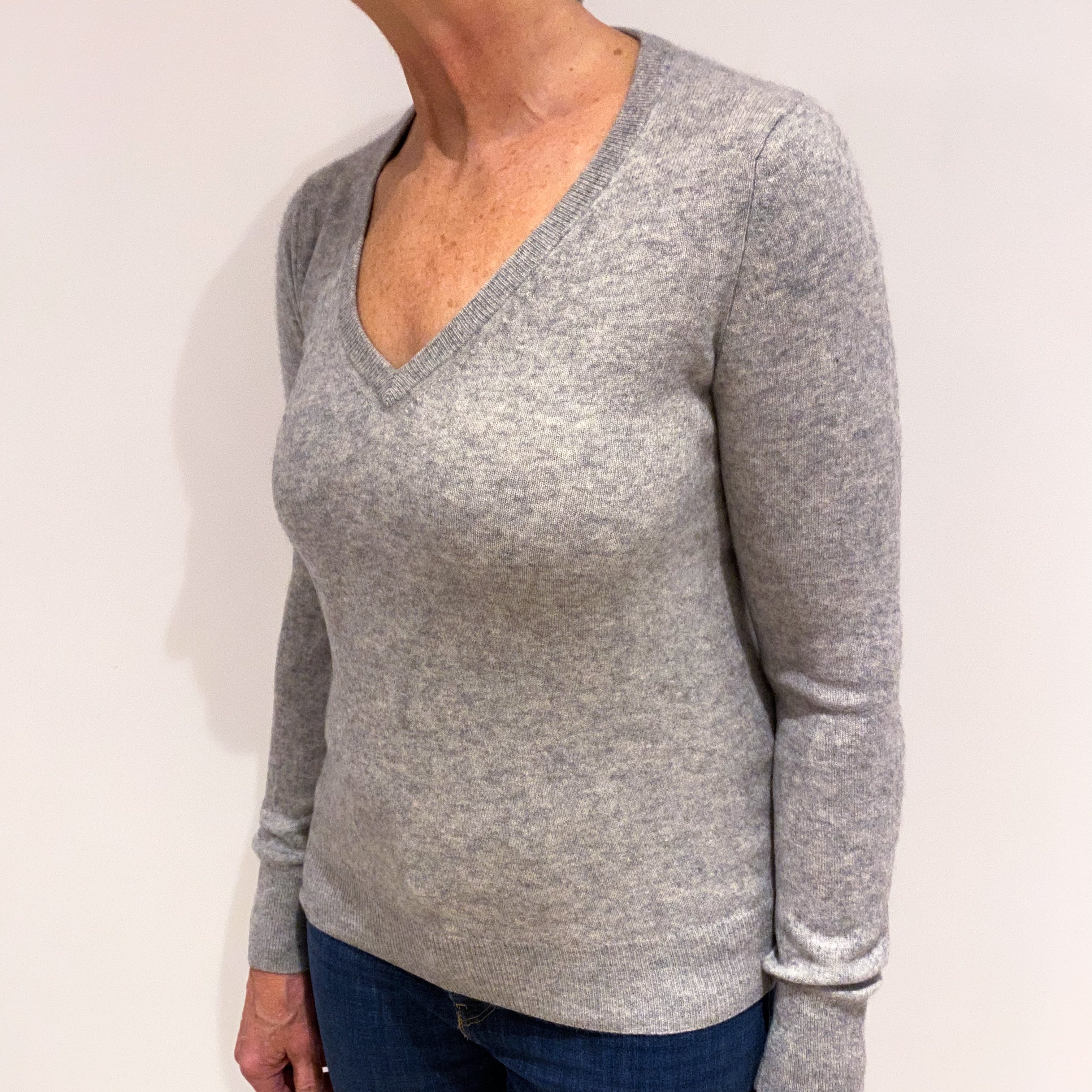 Smoke Grey Cashmere V Neck Jumper Medium