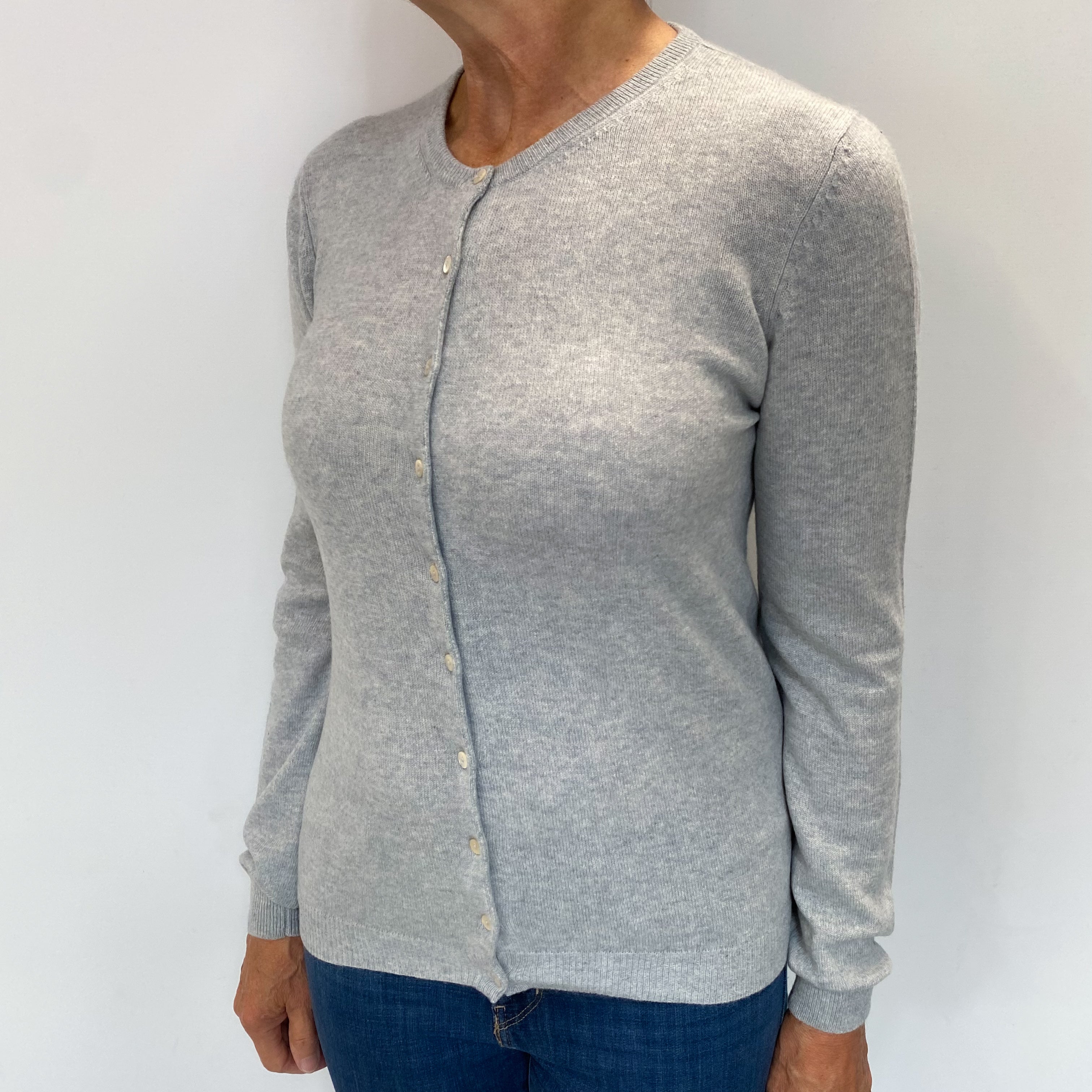 Pale Grey Blue Cashmere Crew Neck Cardigan Medium