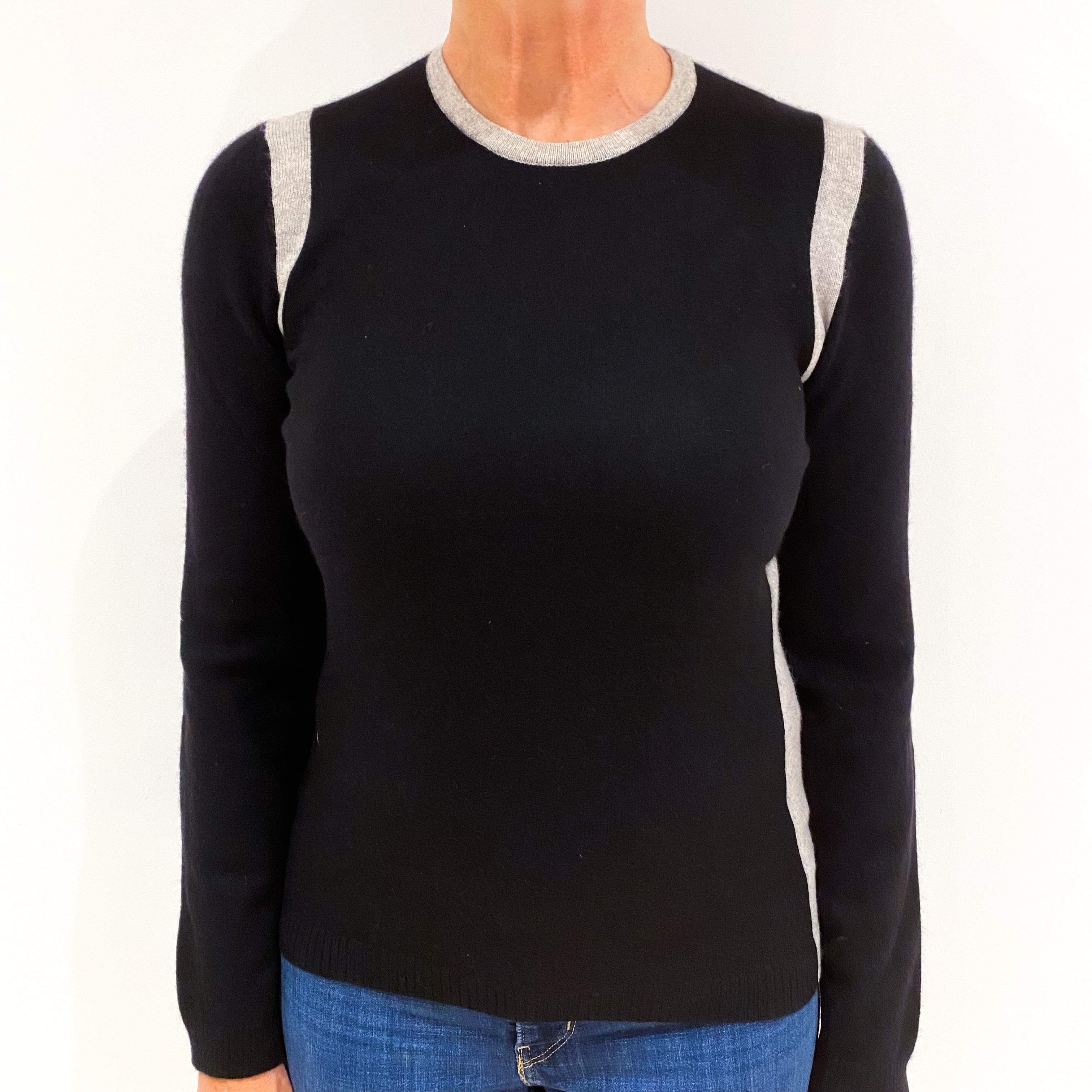 Black with Smoke Grey Cashmere Crew Neck Jumper Medium