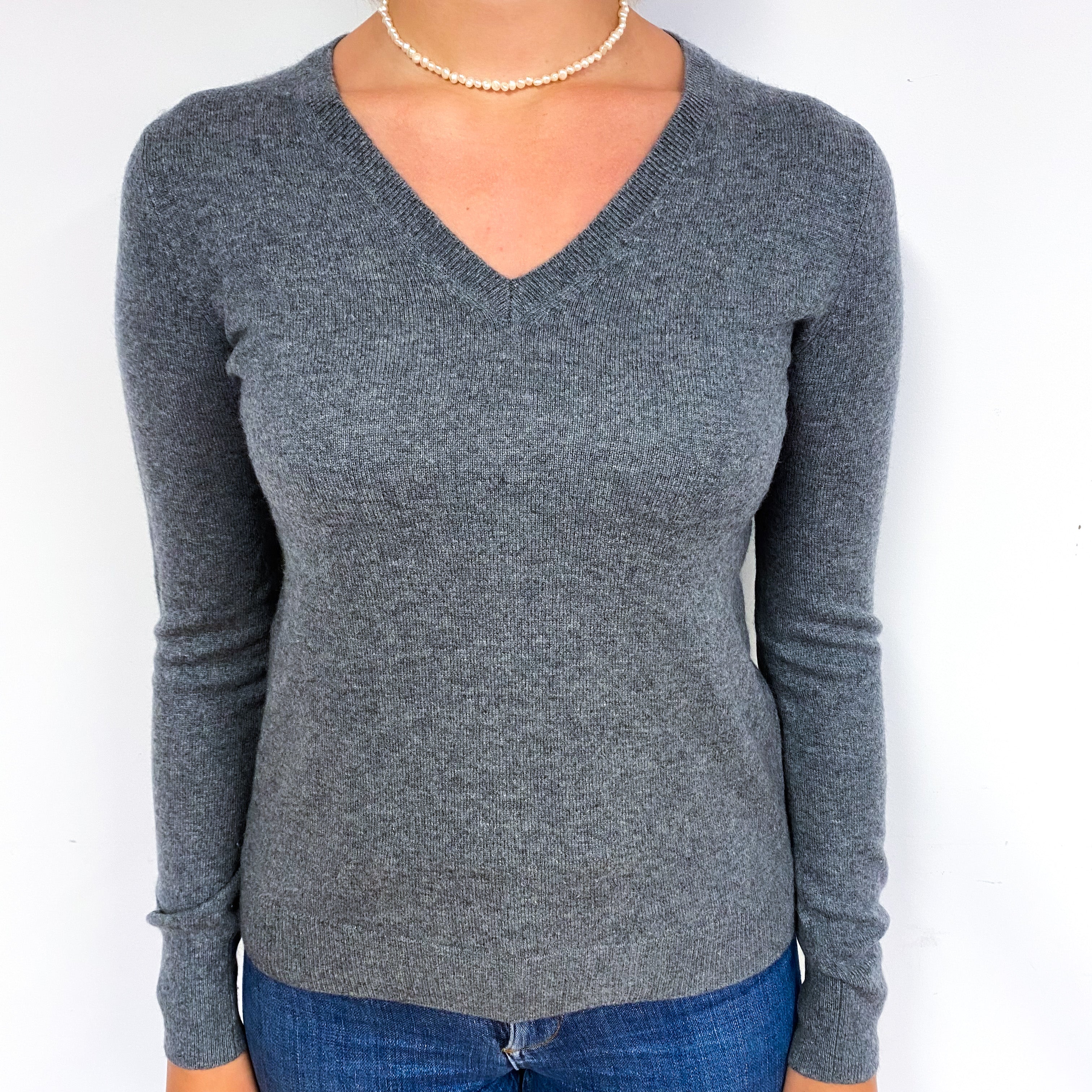 Slate Grey Cashmere V-Neck Jumper Small