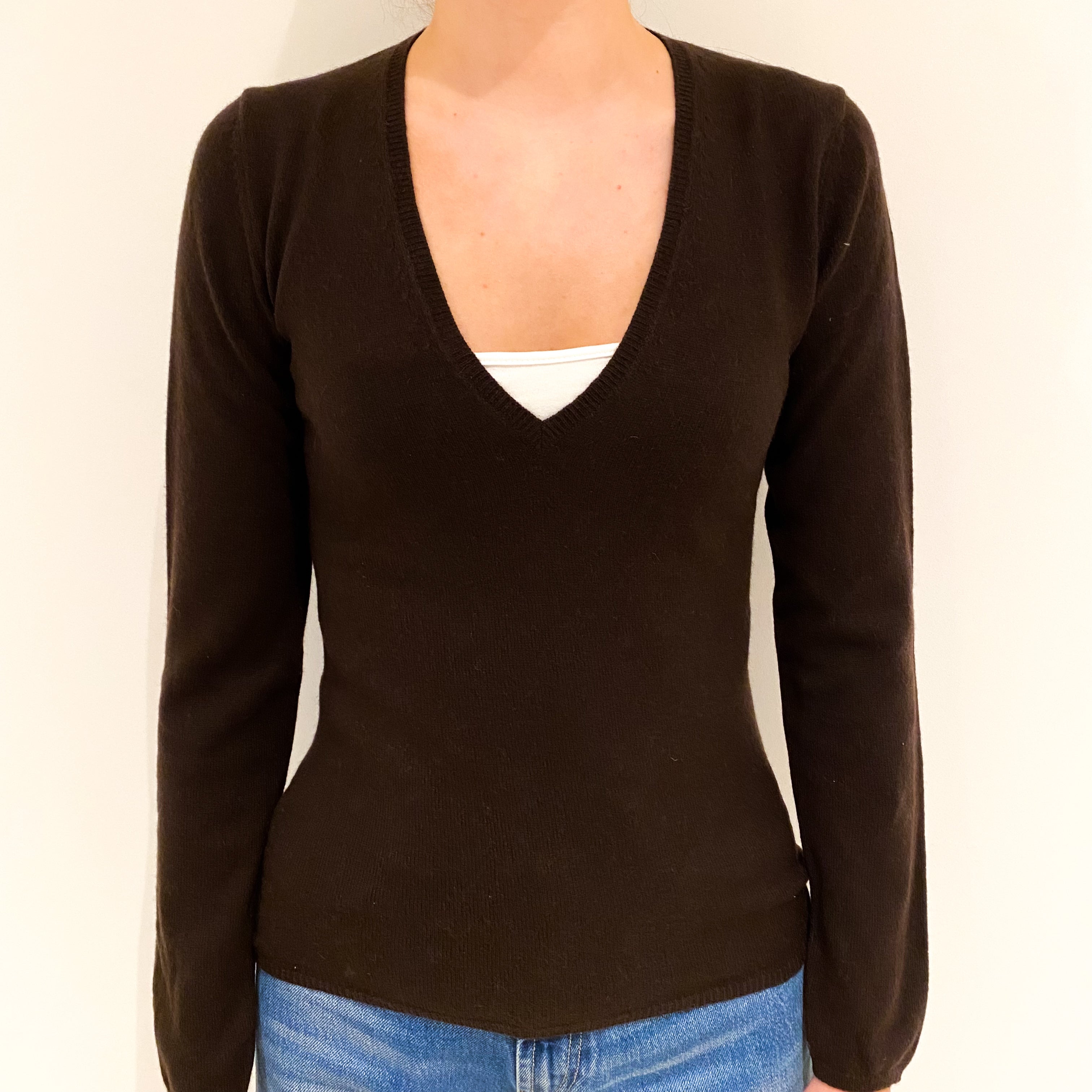 Chocolate Brown Cashmere V-Neck Jumper Extra Small
