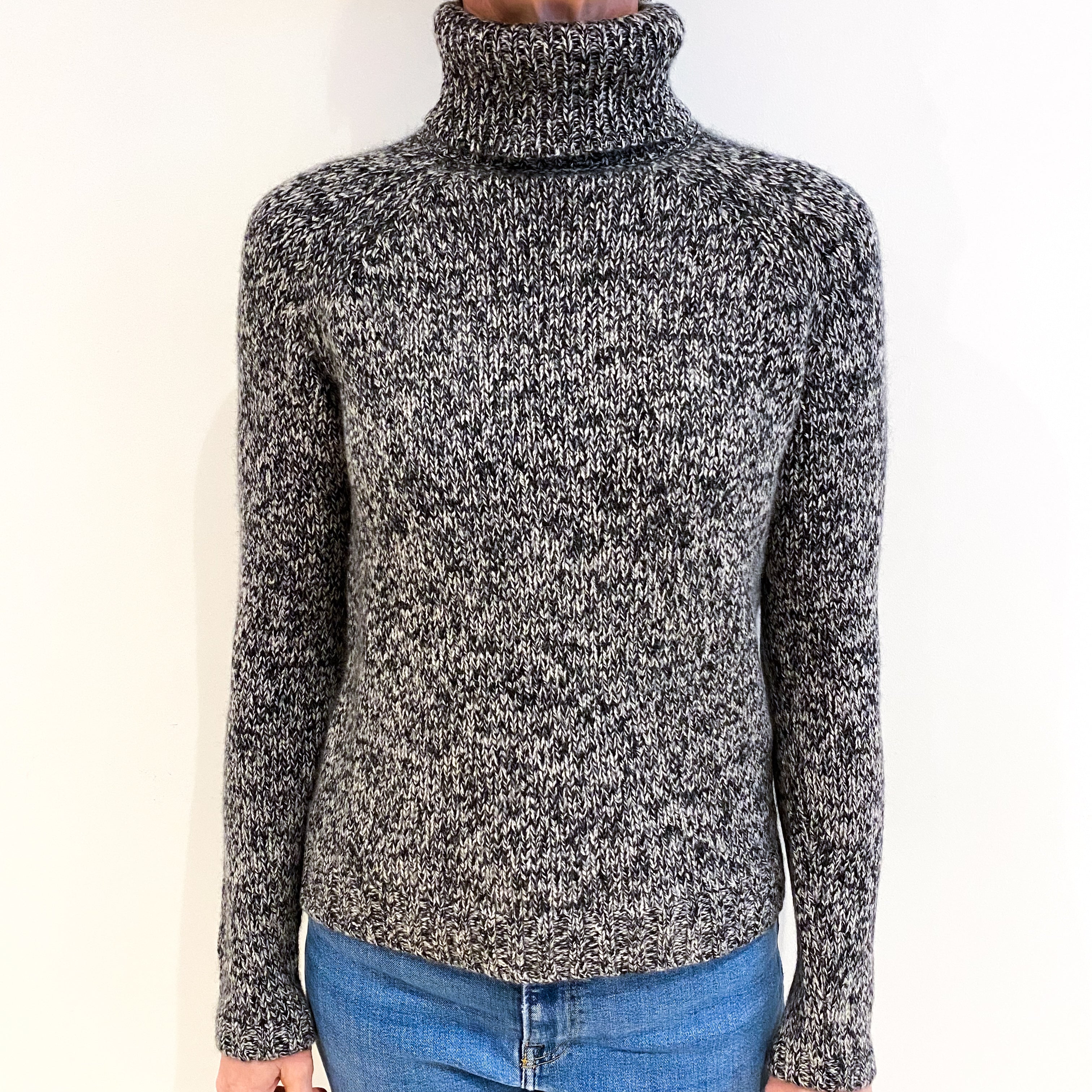 Black And Grey Marl Cashmere Polo Neck Jumper Small
