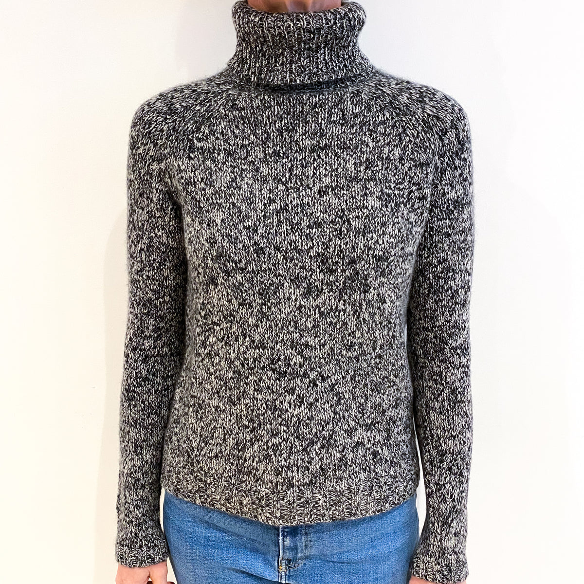 Black And Grey Marl Cashmere Polo Neck Jumper Small