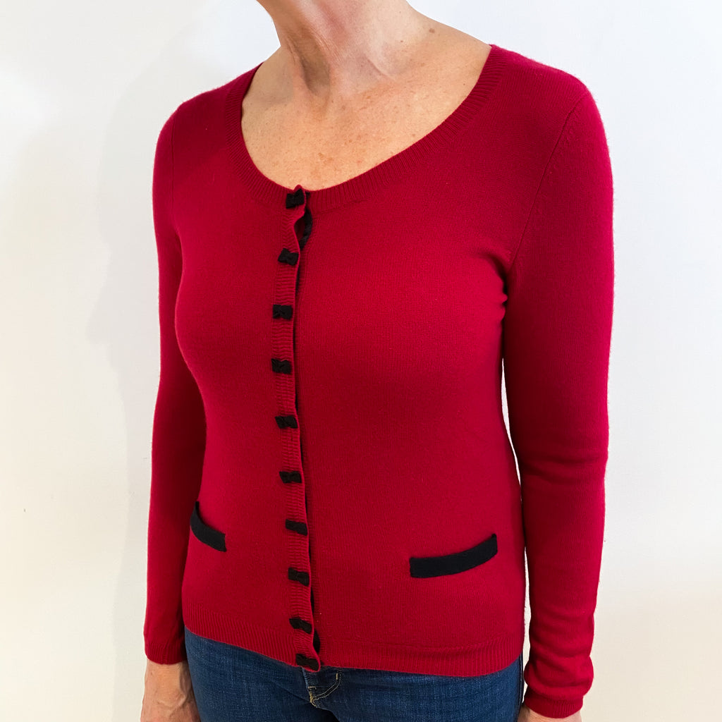 Ruby Red Cashmere Scoop Neck Cardigan with Small Bow Fasteners Medium