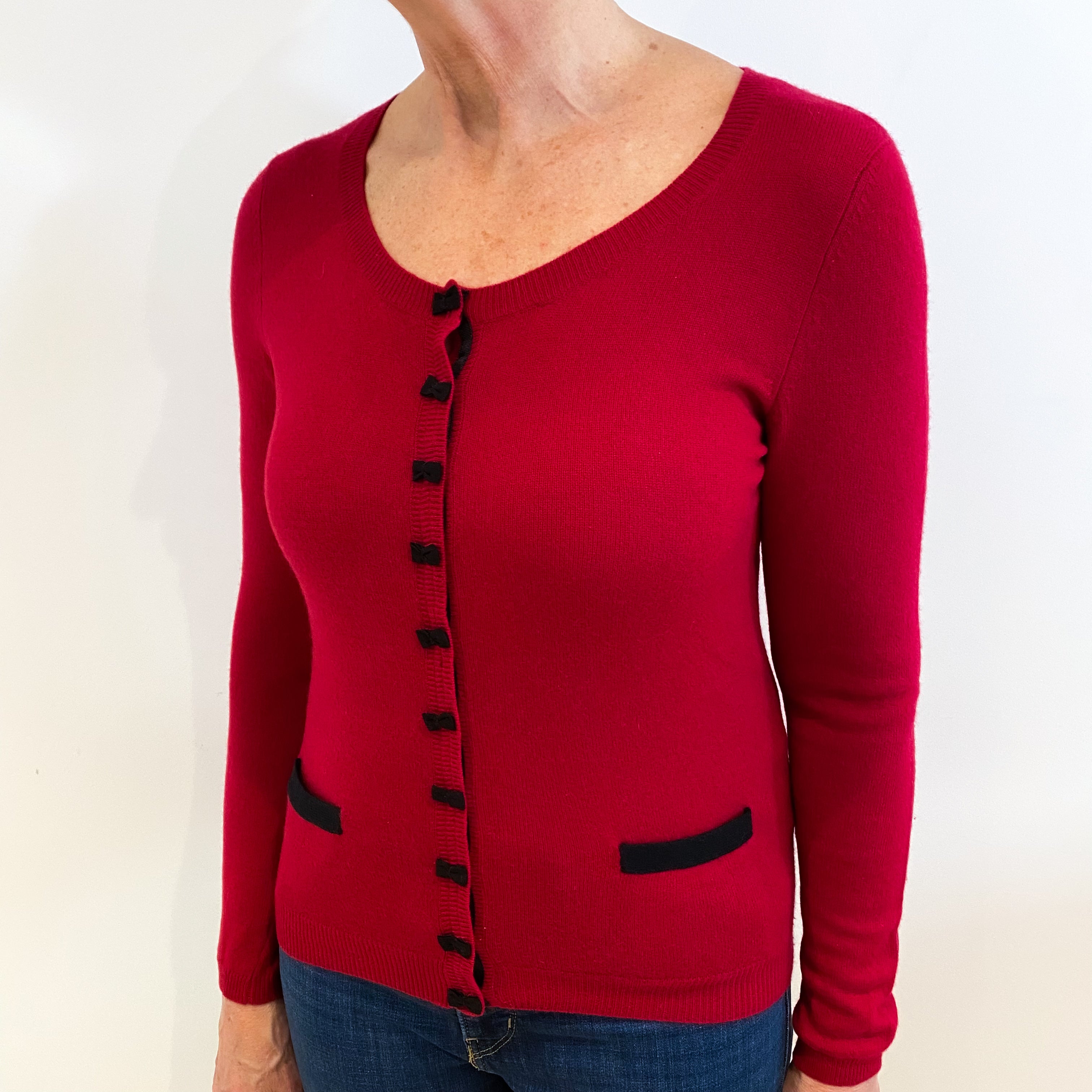 Ruby Red Cashmere Scoop Neck Cardigan with Small Bow Fasteners Medium