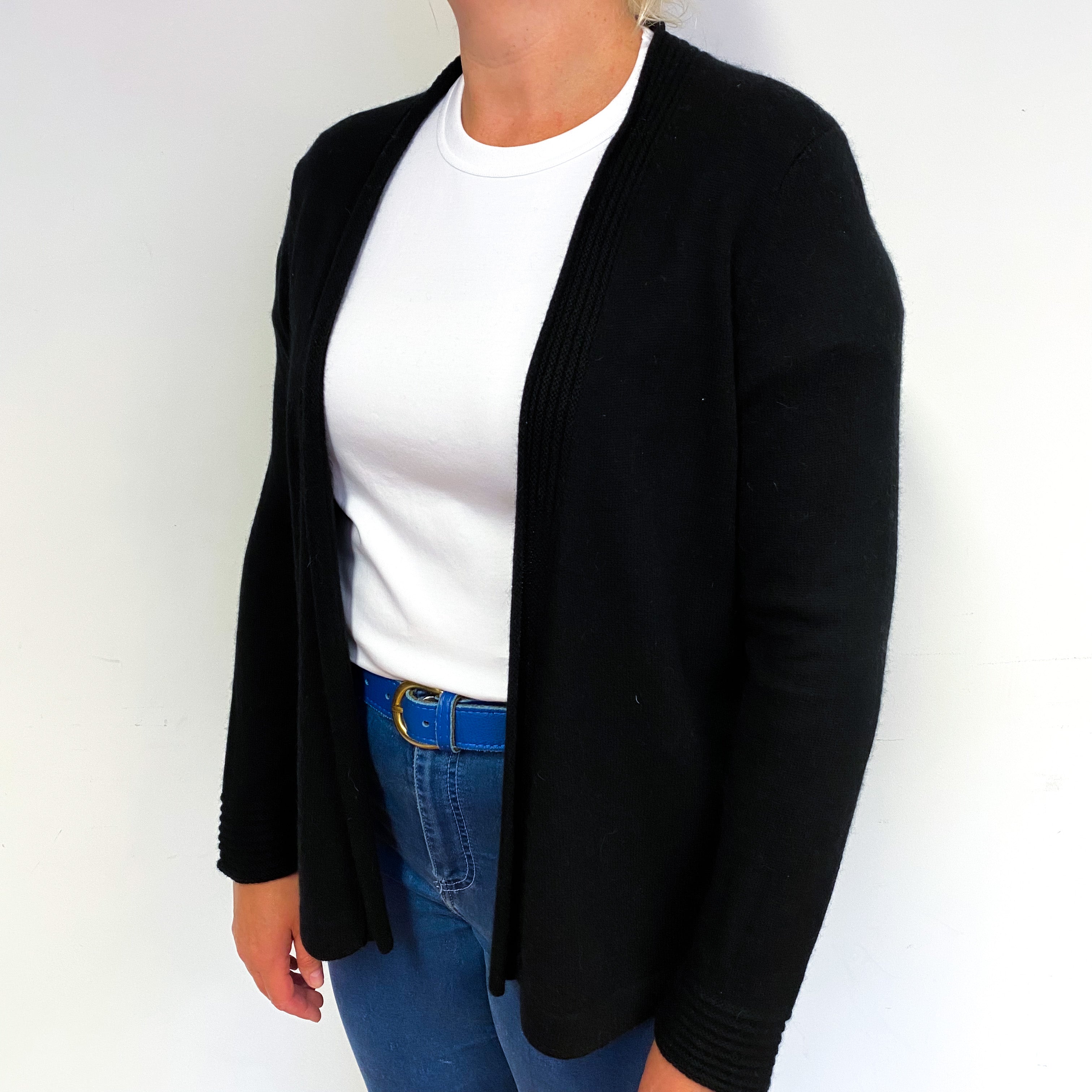 Black Rib Trim Cashmere Edge to Edge Cardigan Large