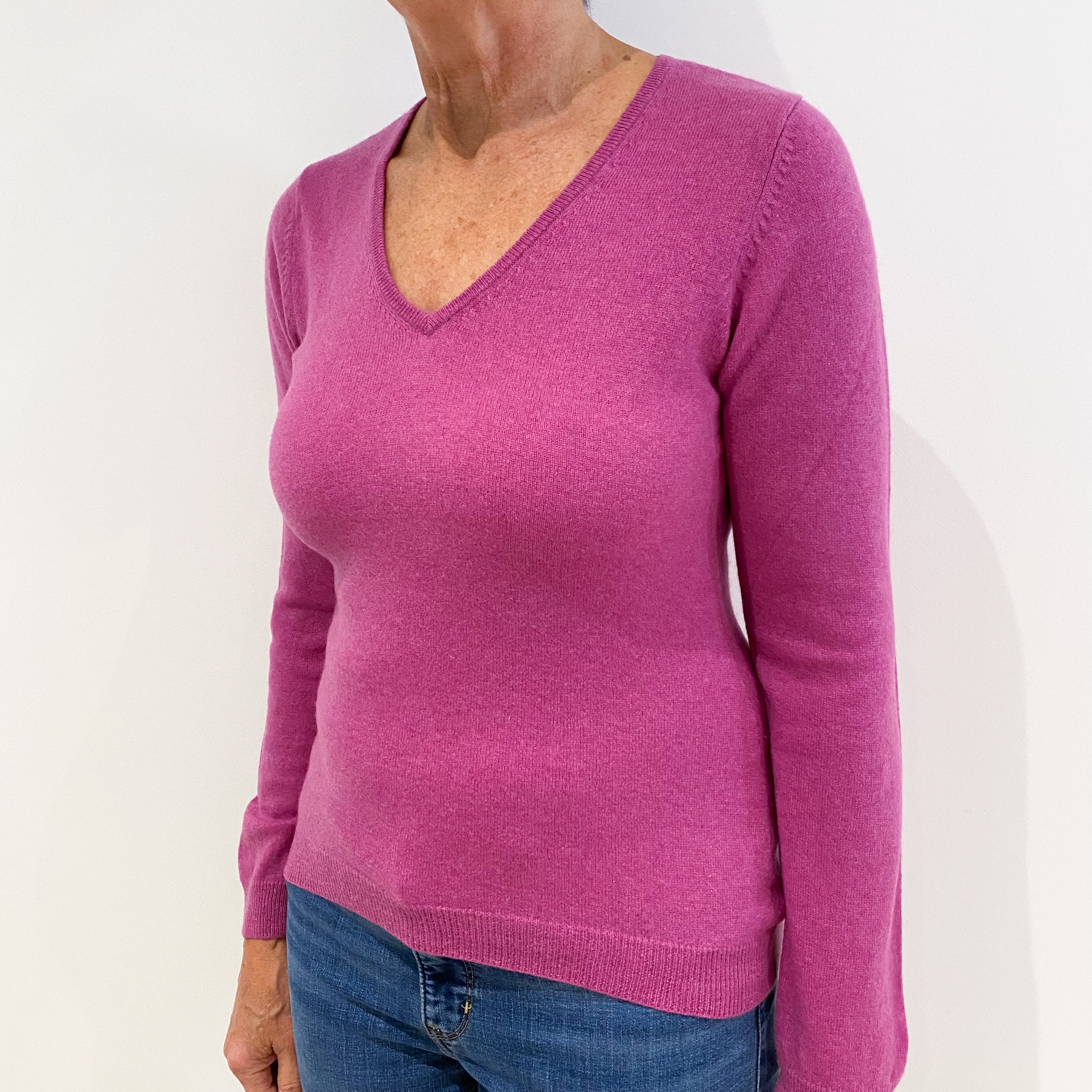 Heather Pink Sim Fit Cashmere V-Neck Jumper Medium