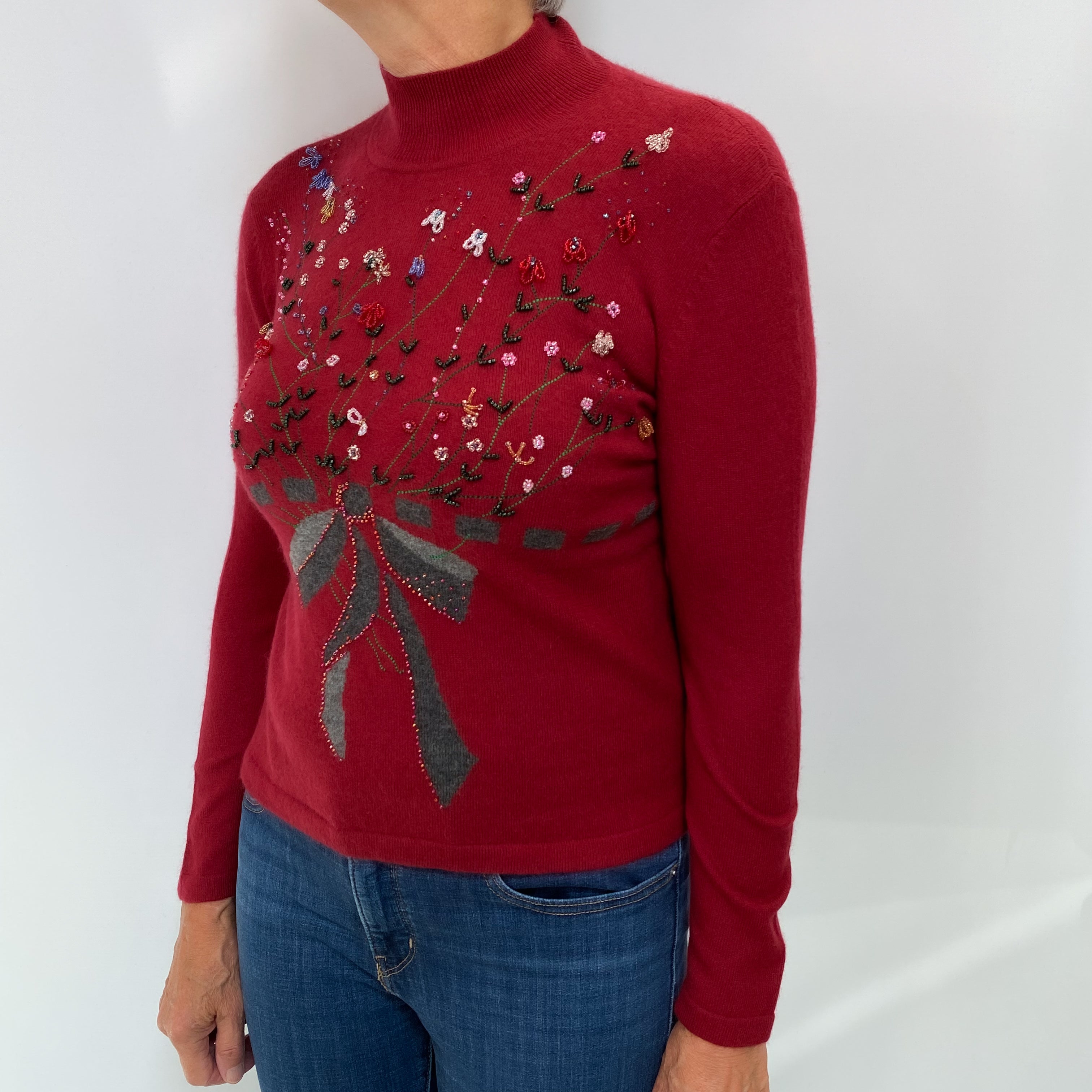 Deep Crimson Red Embellished Cashmere Turtle Neck Jumper Medium