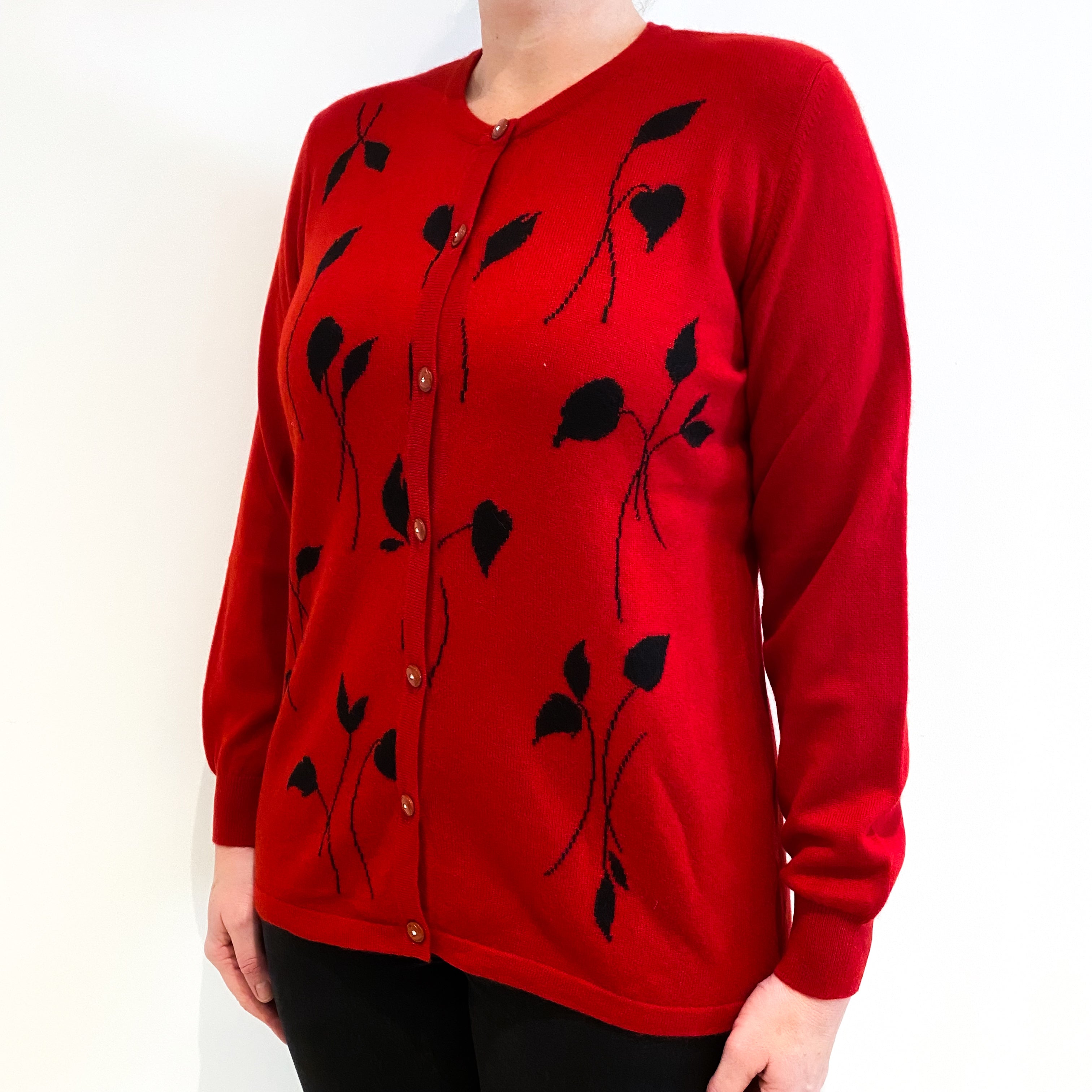 Red Black Patterned Cashmere Crew Neck Cardigan Large