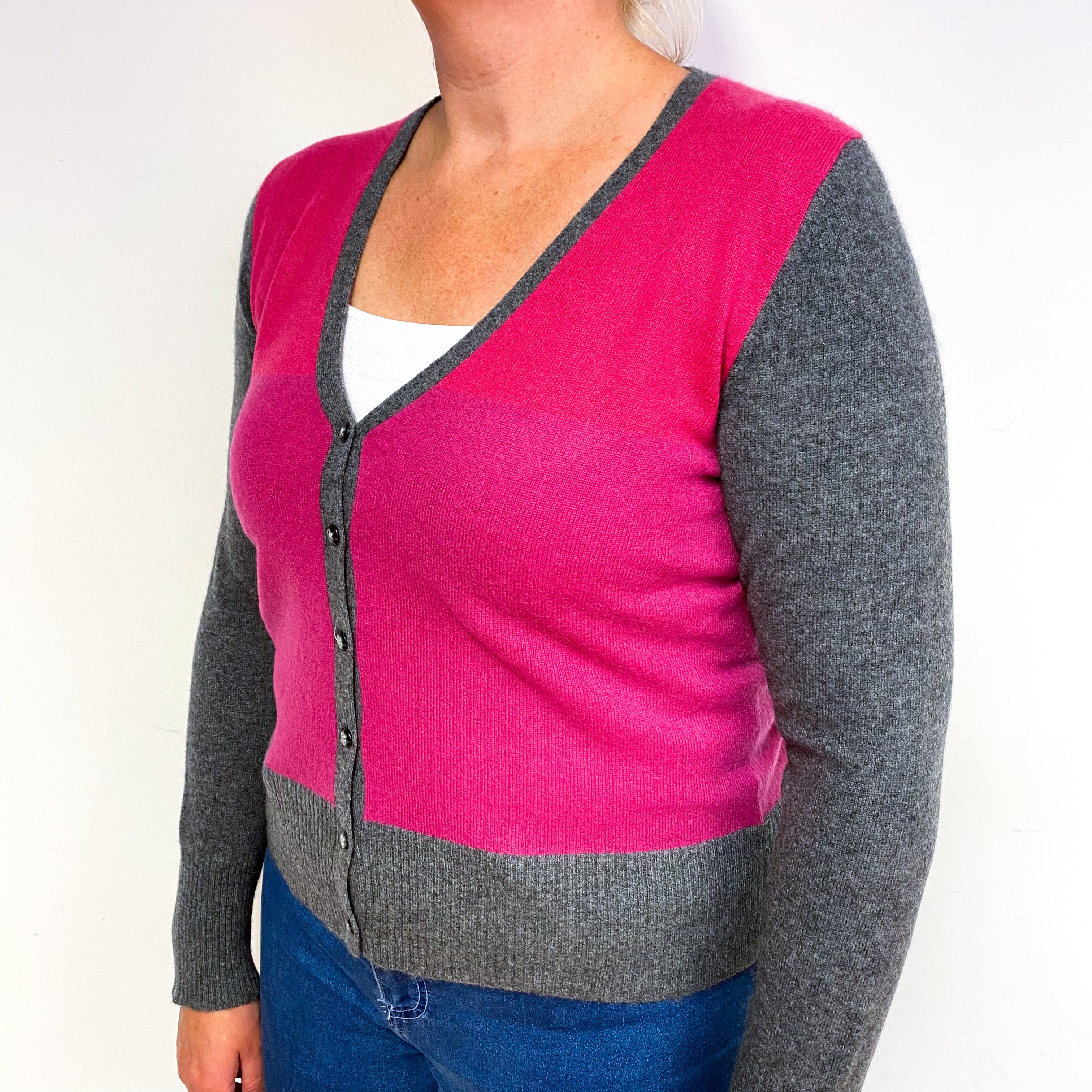Magenta and Slate Grey Cashmere V-Neck Cardigan Large