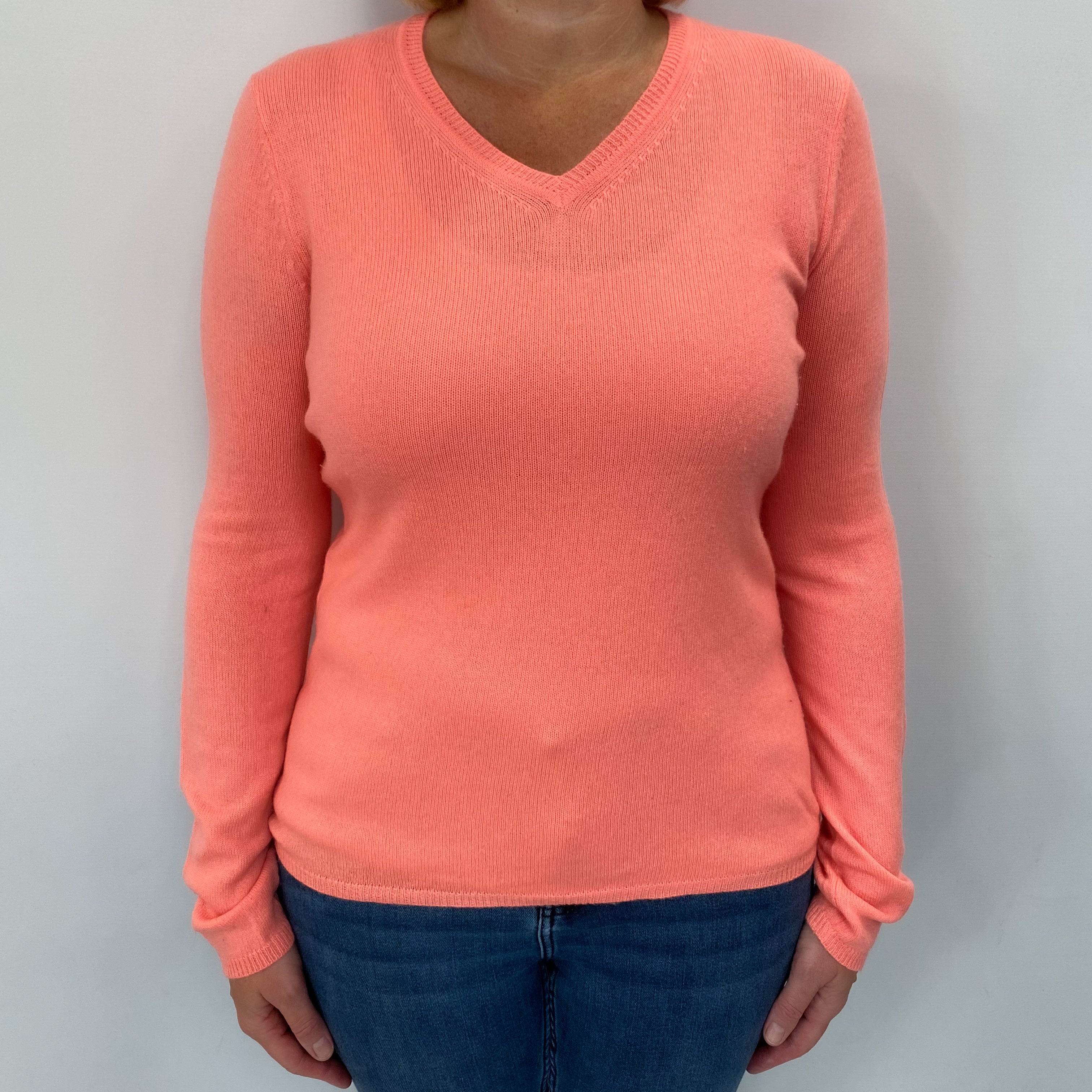 Bright Coral Orange Cashmere V Neck Jumper Large