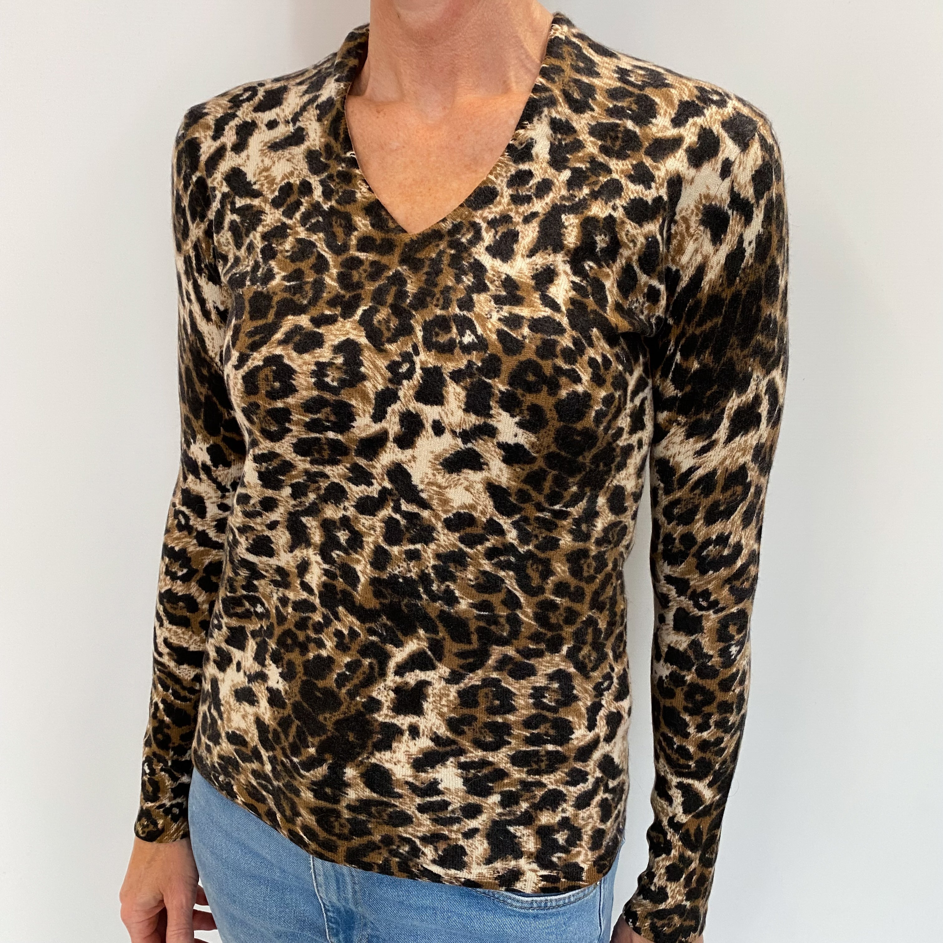 Beige Animal Print Cashmere V Neck Jumper Small
