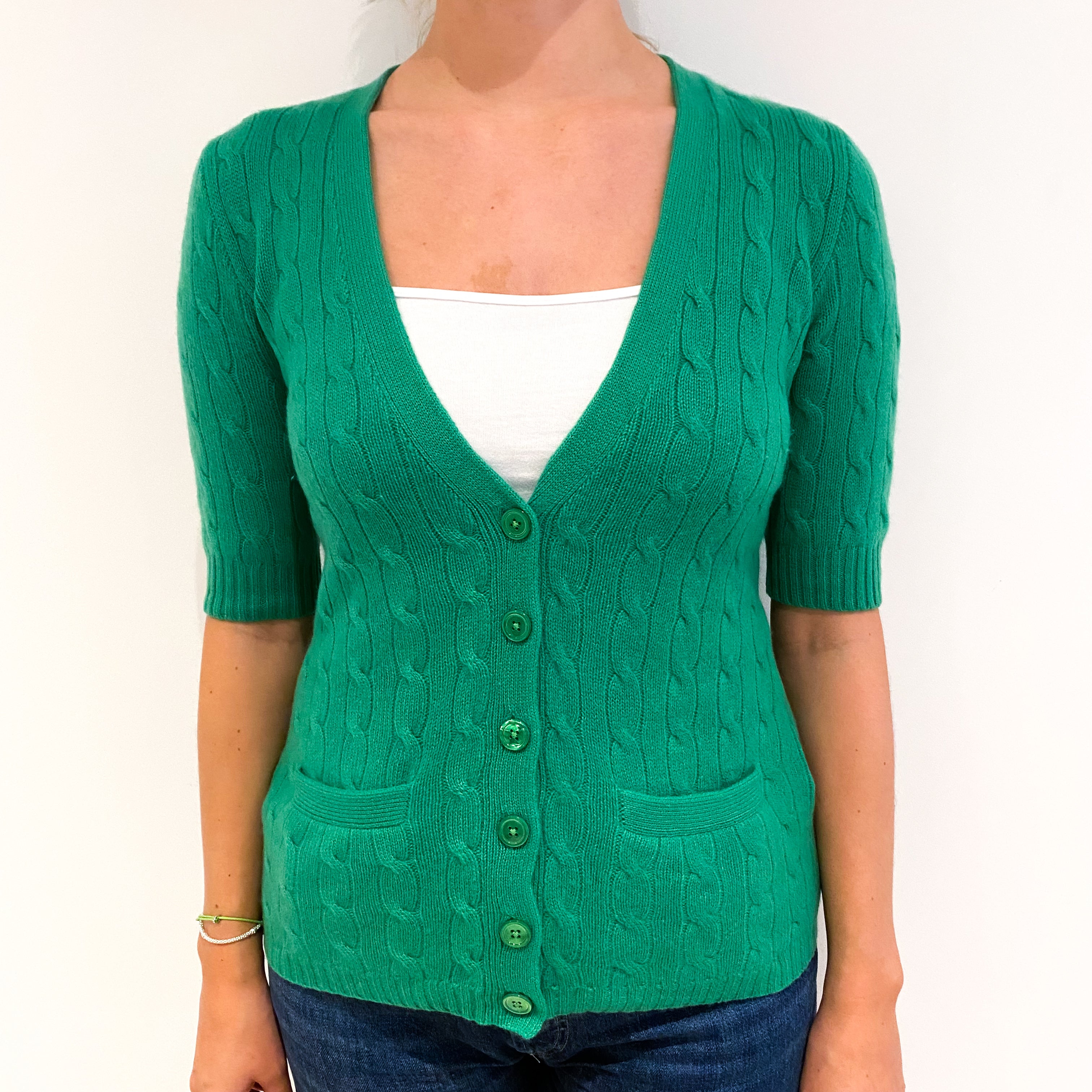 Ralph Lauren Pea Green Cable Knit Short Sleeved Cashmere Cardigan Small