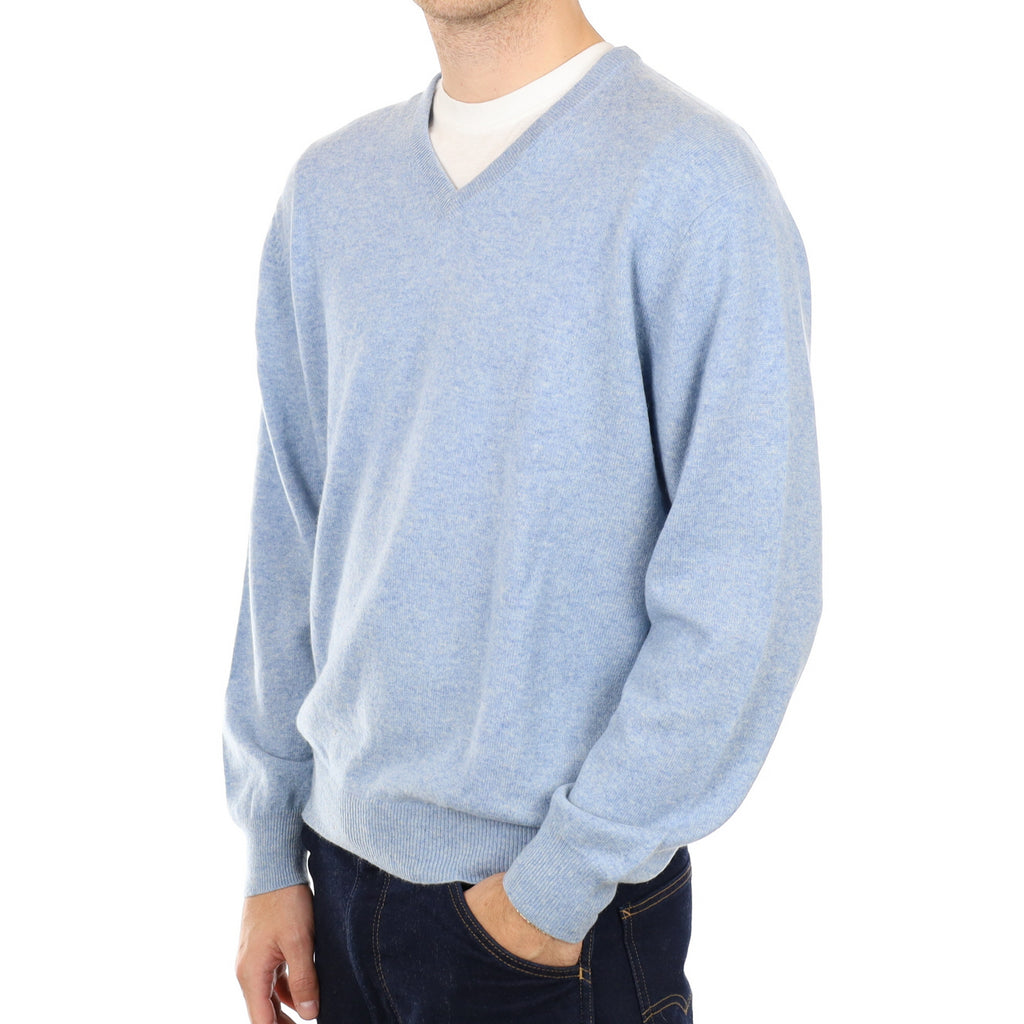 Men's Sky Blue Marl Cashmere V Neck Jumper Large