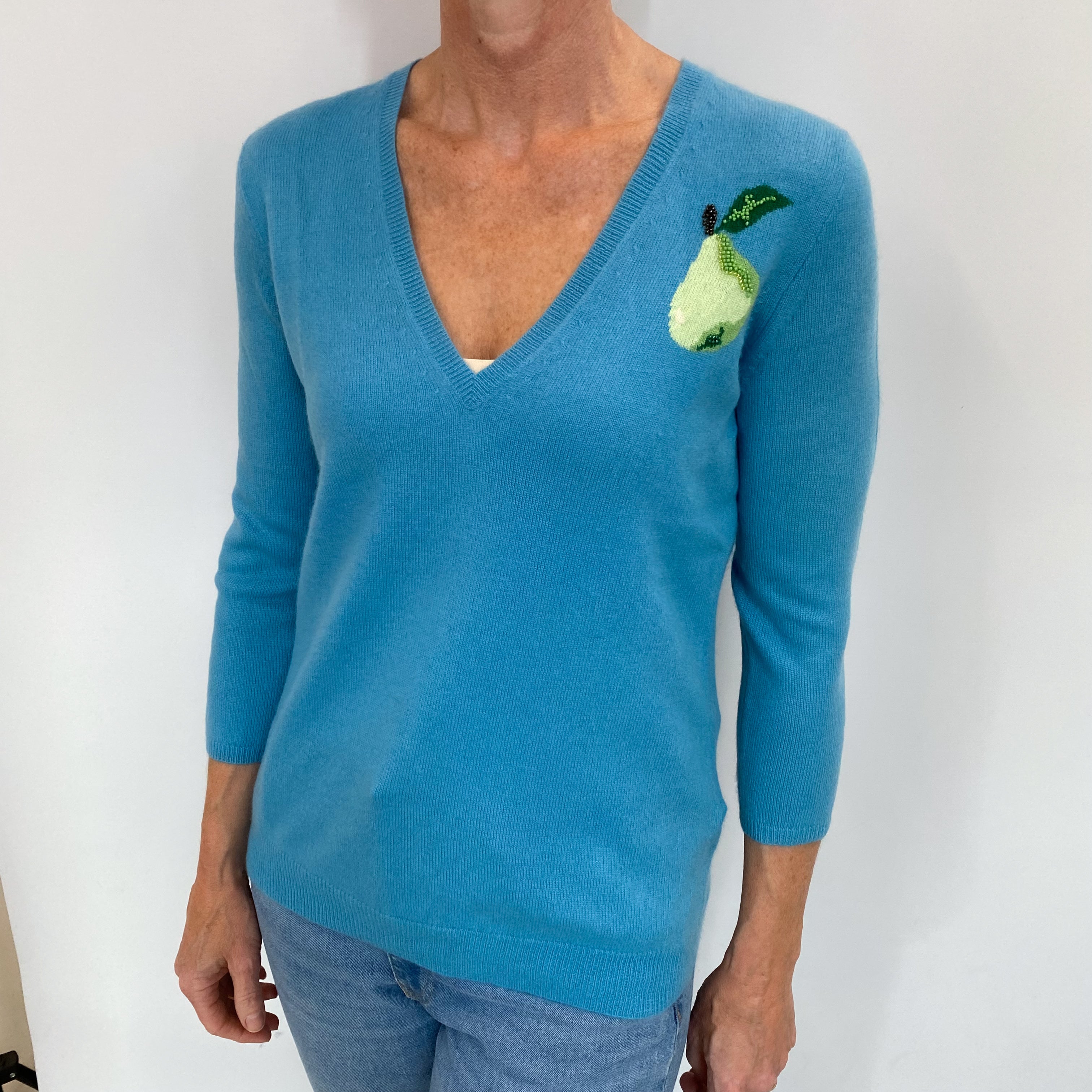 Muted Aqua Blue Cashmere V Neck Jumper Small