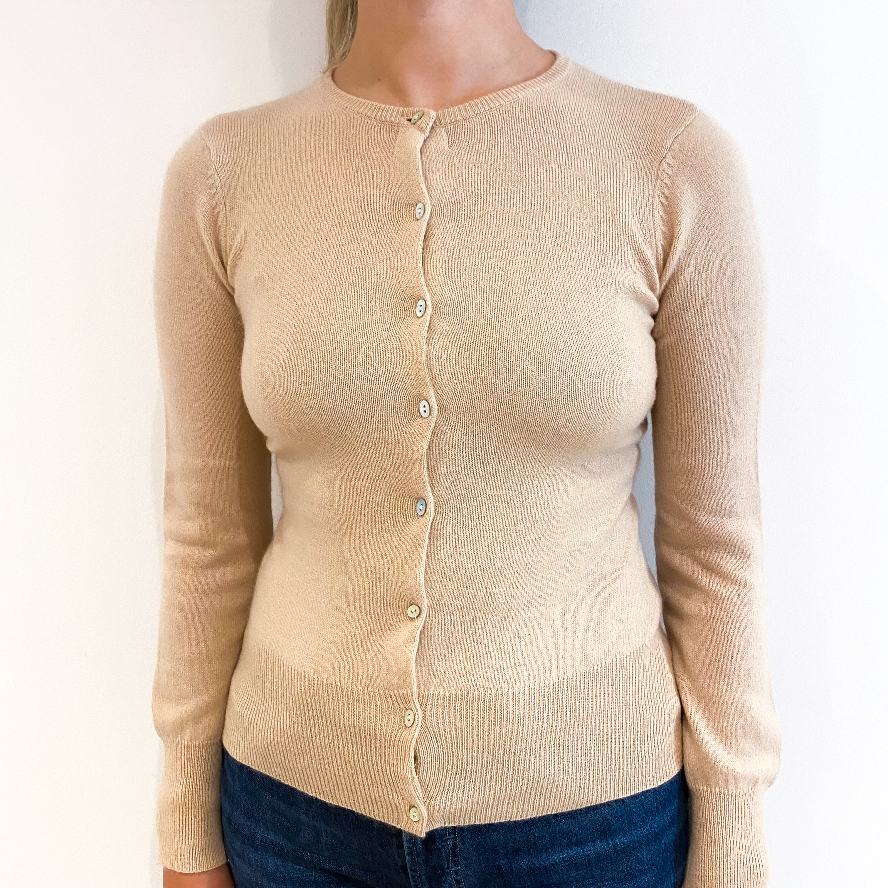 Soft Beige Cashmere Crew Neck Cardigan Small