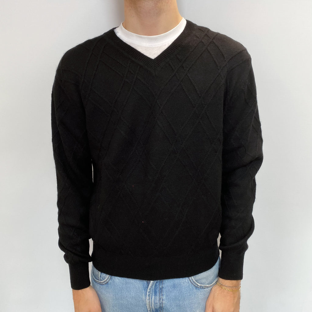 Men's Black Textured Diamond Design Cashmere V Neck Jumper Large
