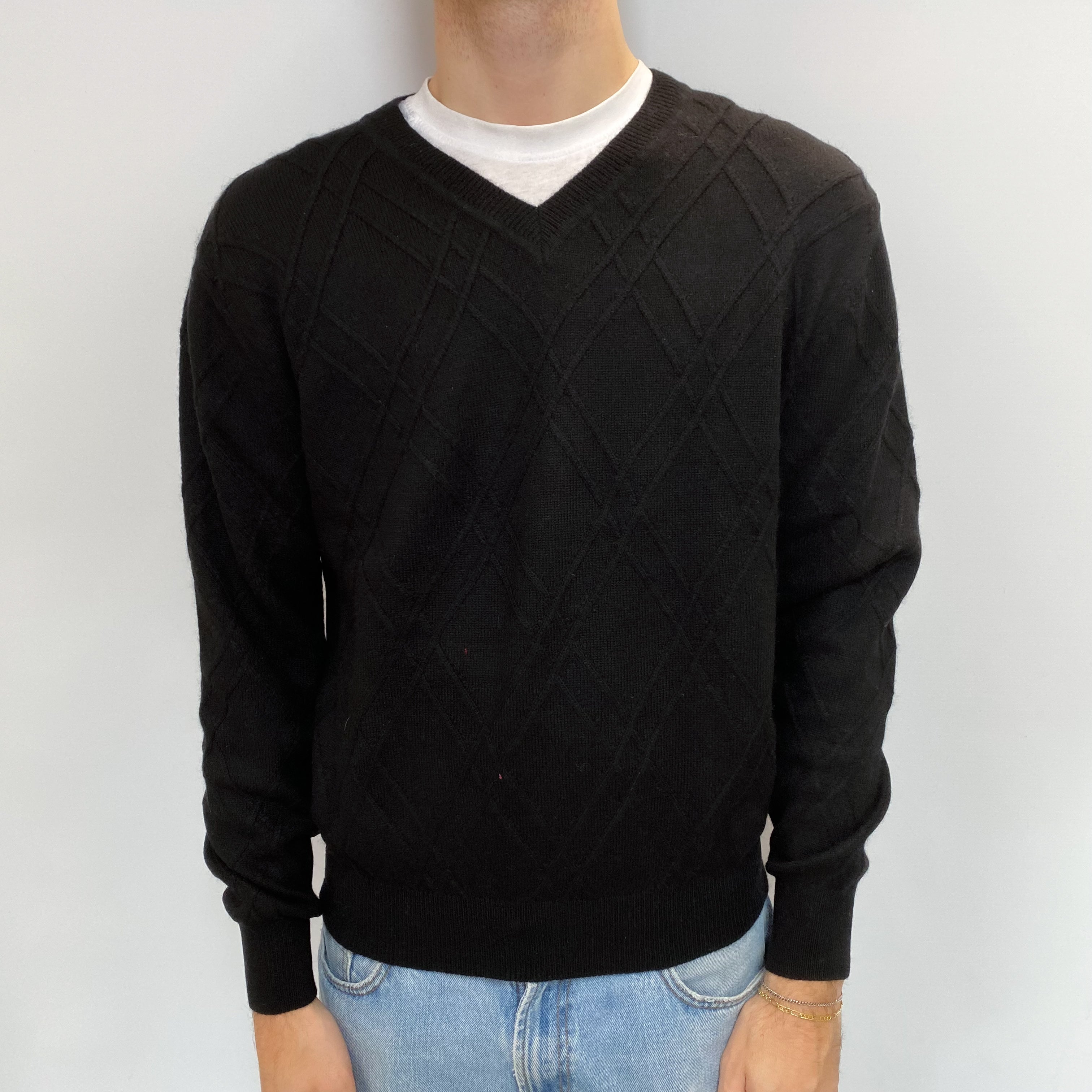 Men's Black Textured Diamond Design Cashmere V Neck Jumper Large