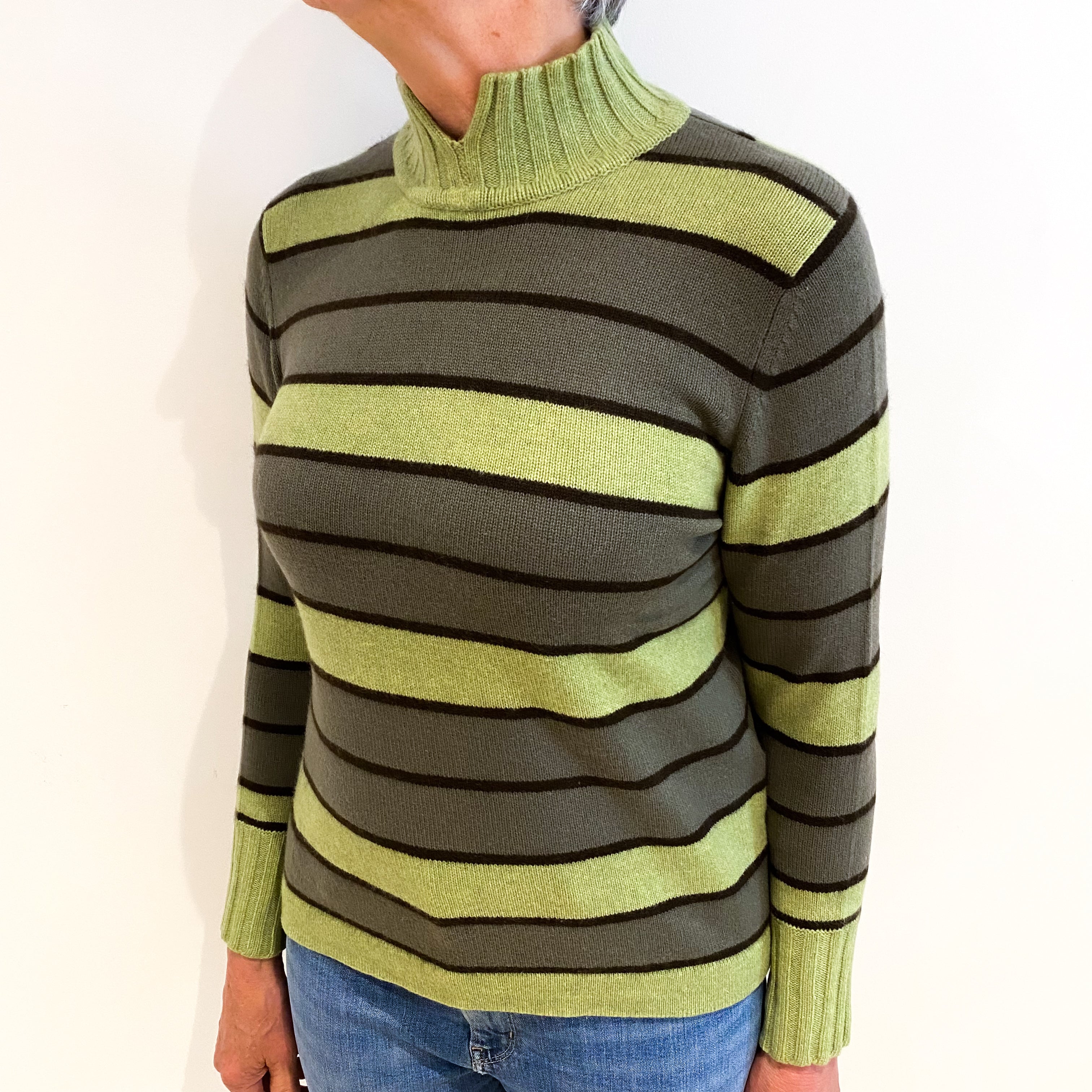 Green Stripe Cashmere Polo Neck Jumper Medium