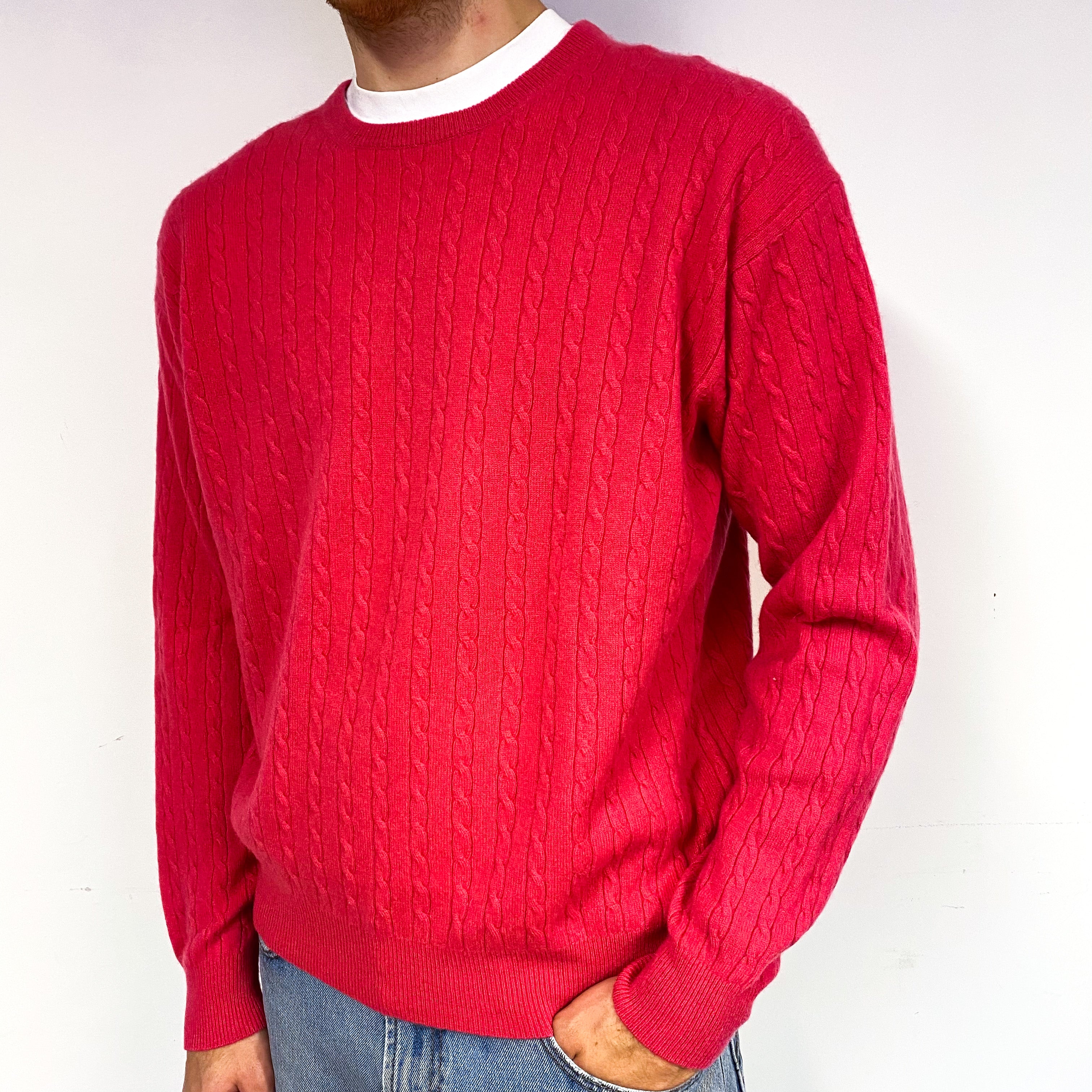 Men's Strawberry Pink Cable Cashmere Crew Neck Jumper Large