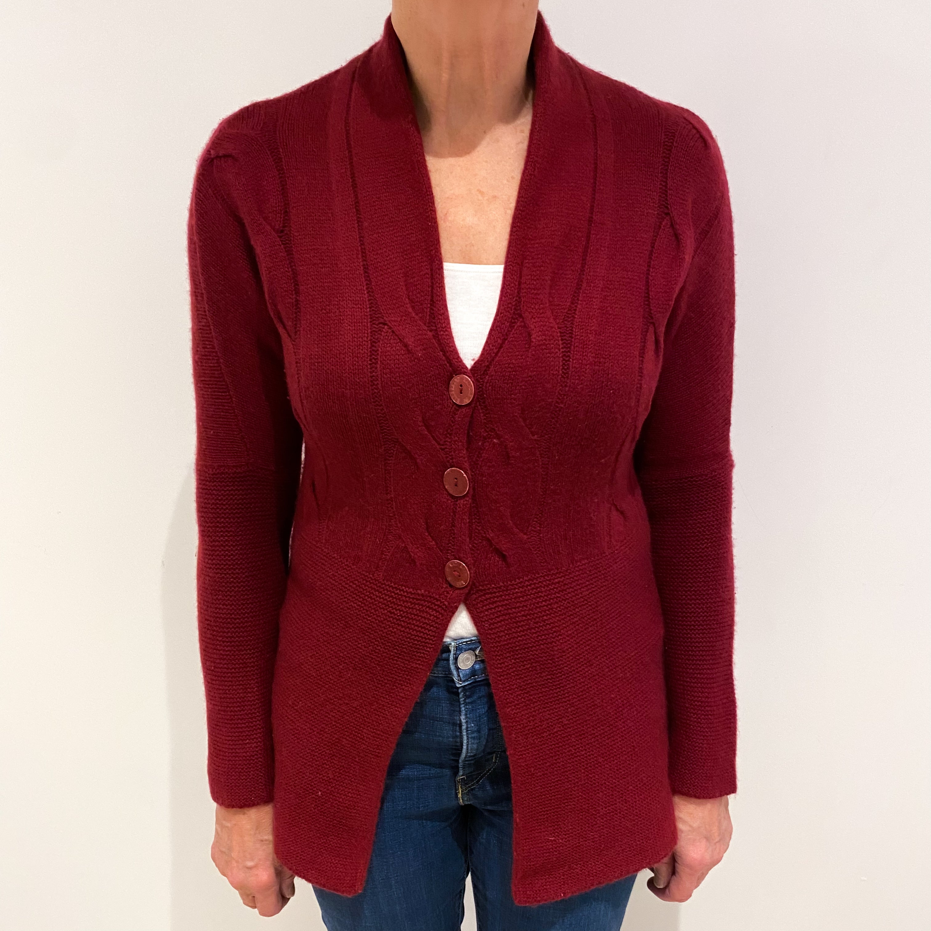 Burgundy Red Chunky Cashmere V Neck Cardigan Medium