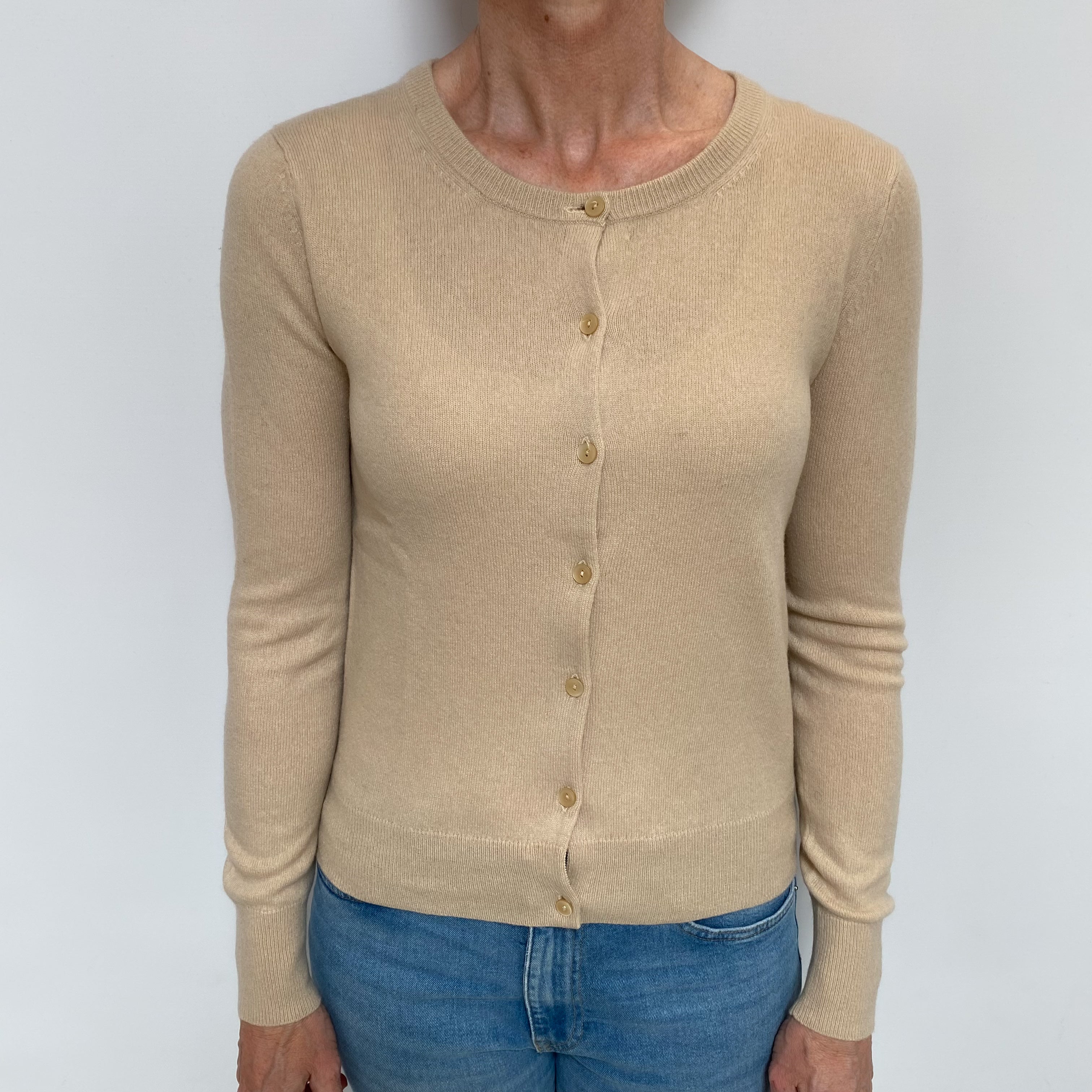 Beige Cashmere Crew Neck Cardigan Small