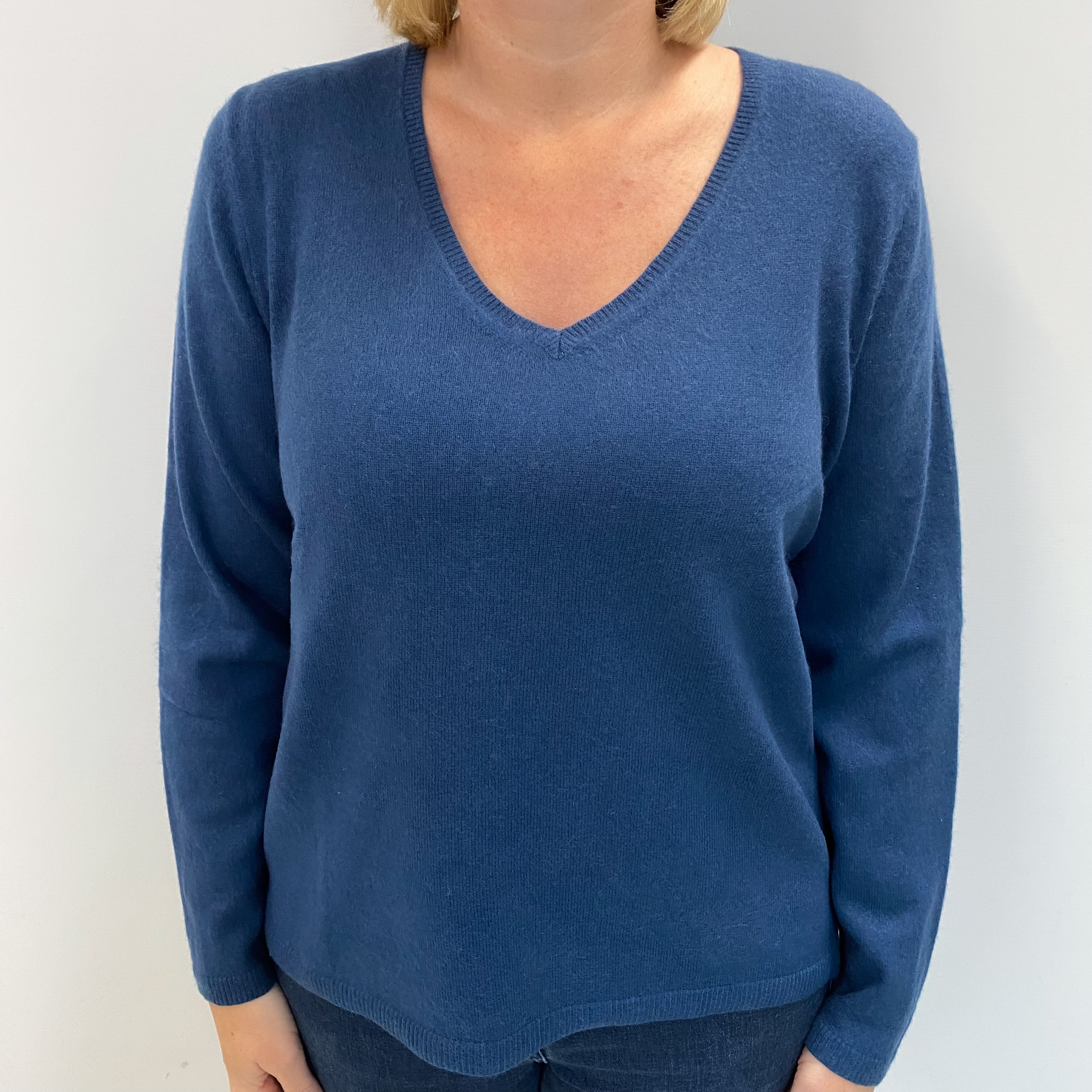 Deep Ocean Blue Cashmere V Neck Jumper Large