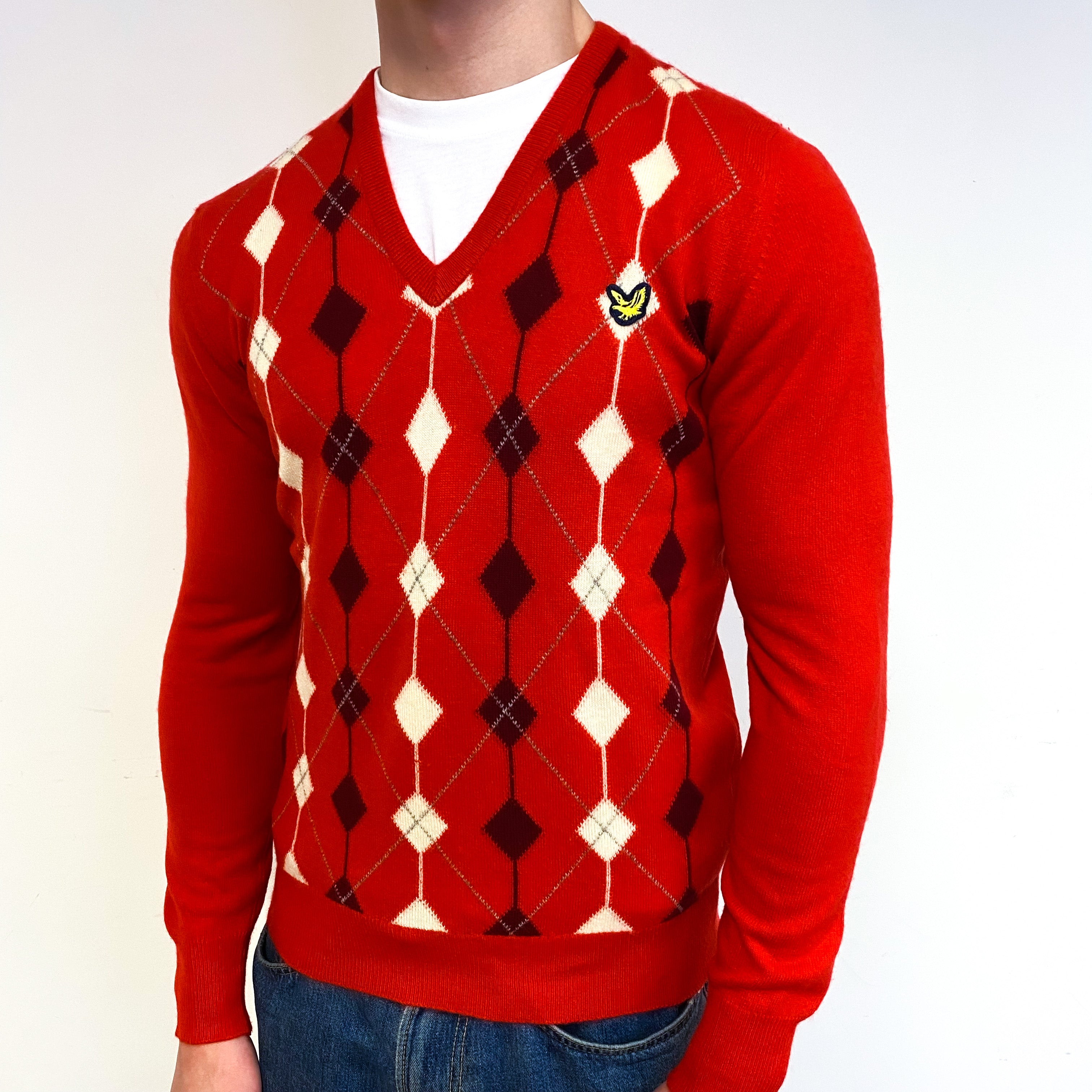 Men's Vintage Scarlet Red Diamond Cashmere V-Neck Jumper Small