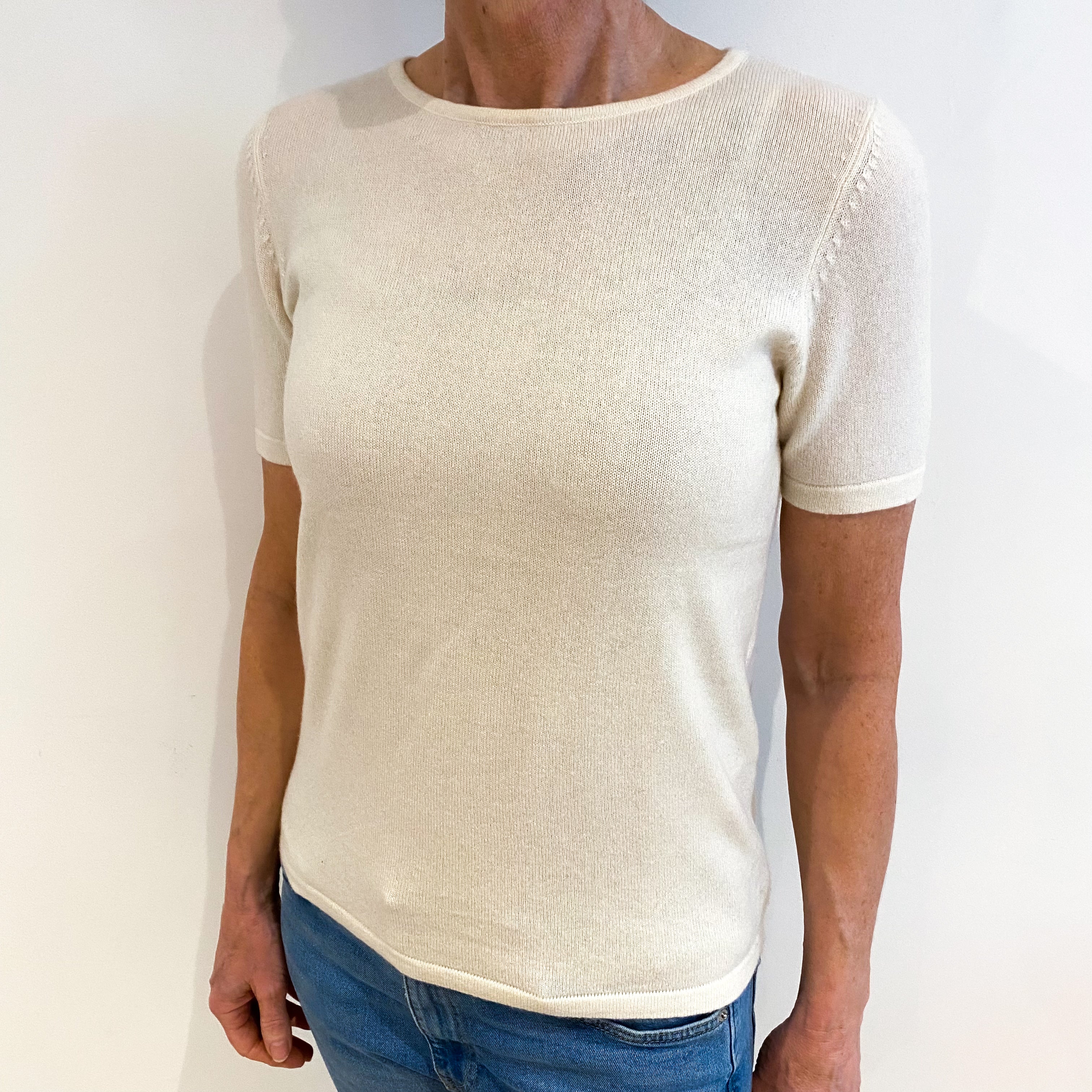 Ivory Cream Cashmere Crew Neck Short Sleeved Jumper Small