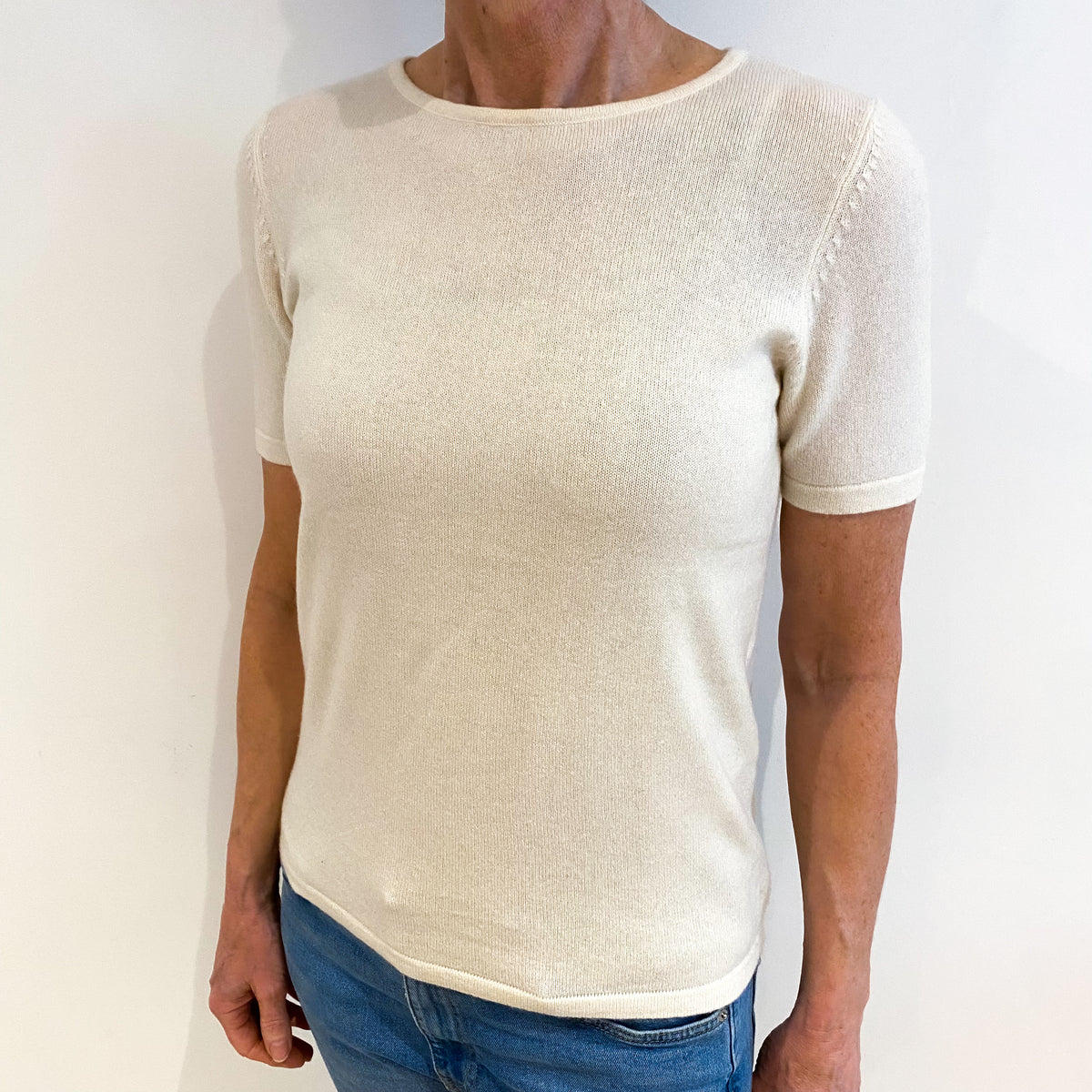 Ivory Cream Cashmere Crew Neck Short Sleeved Jumper Small