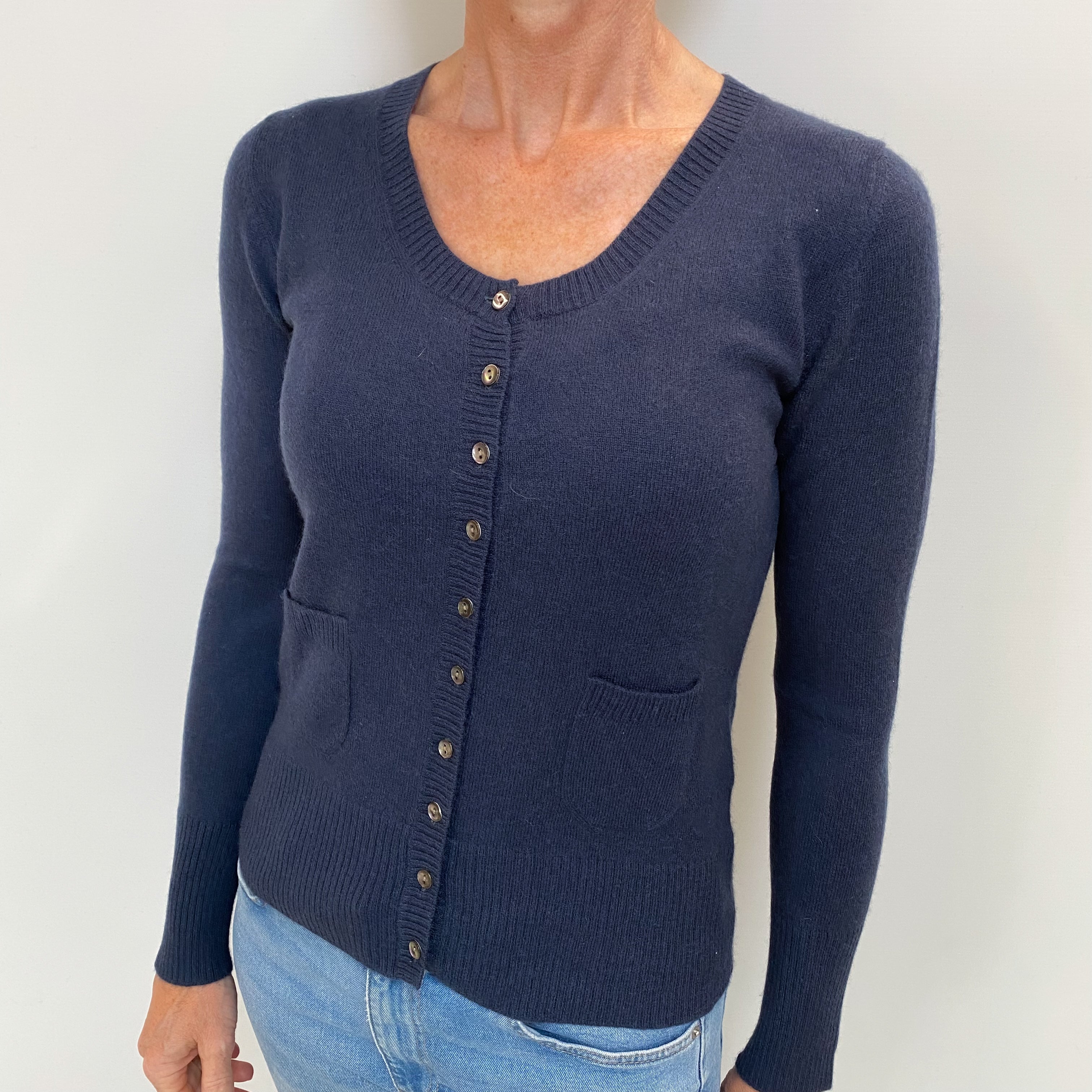 Naval Blue Cashmere Scoop Neck Cardigan with Pockets Small