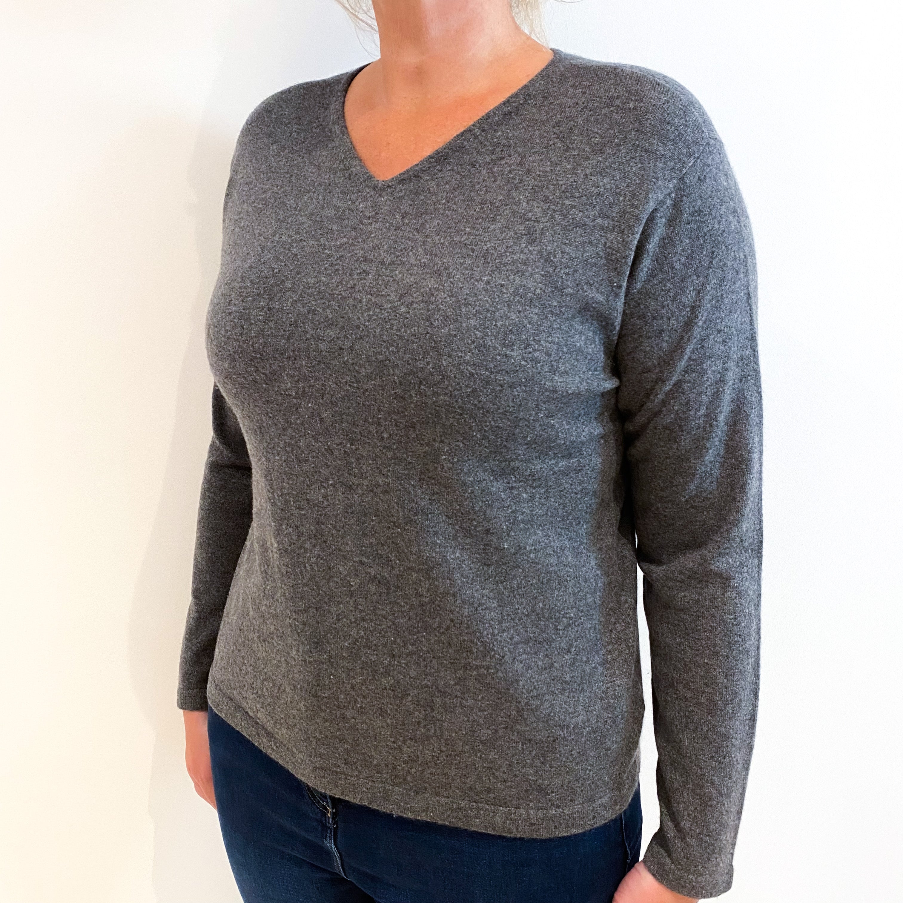 Slate Grey Cashmere V-Neck Jumper Large