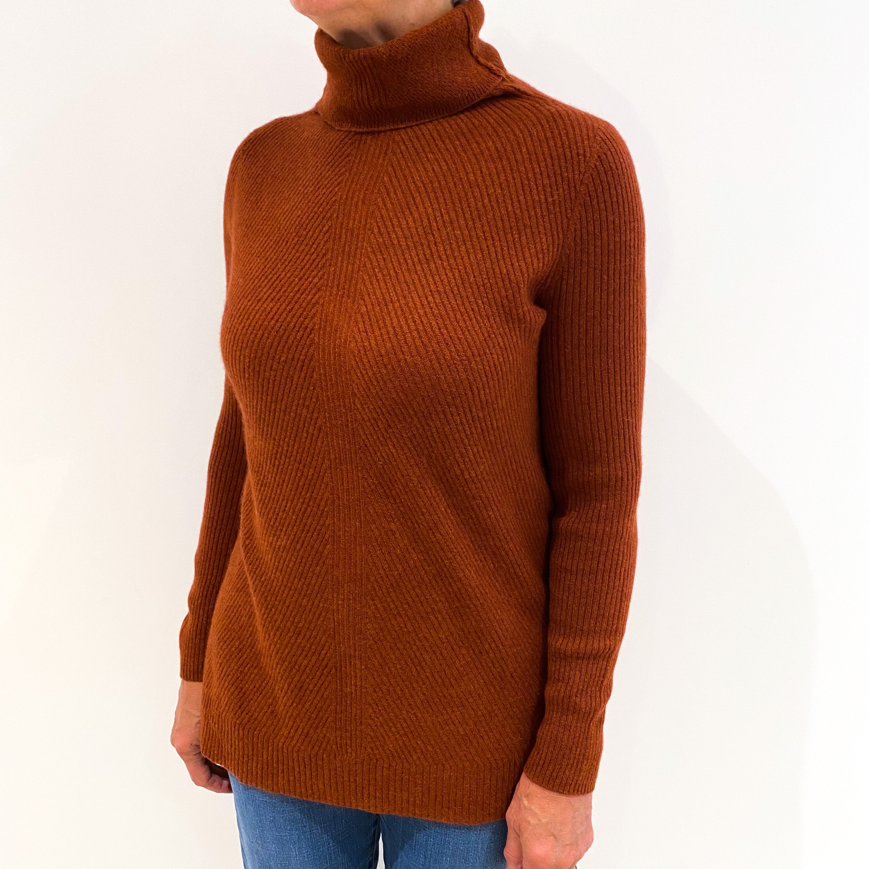 Rust Brown Rib Cashmere Funnel Neck Jumper Medium