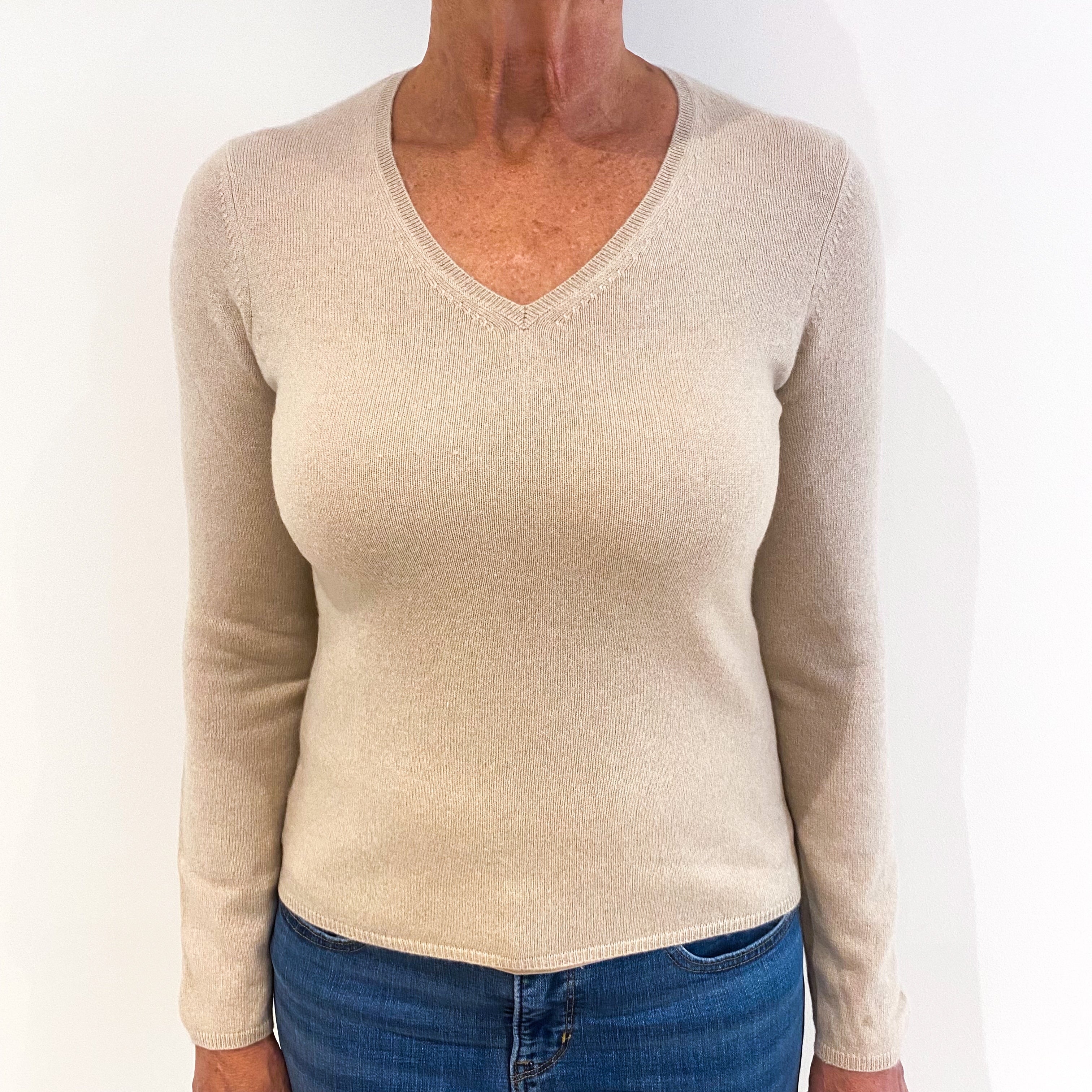 Soft Fawn Beige Cashmere V-Neck Jumper Medium