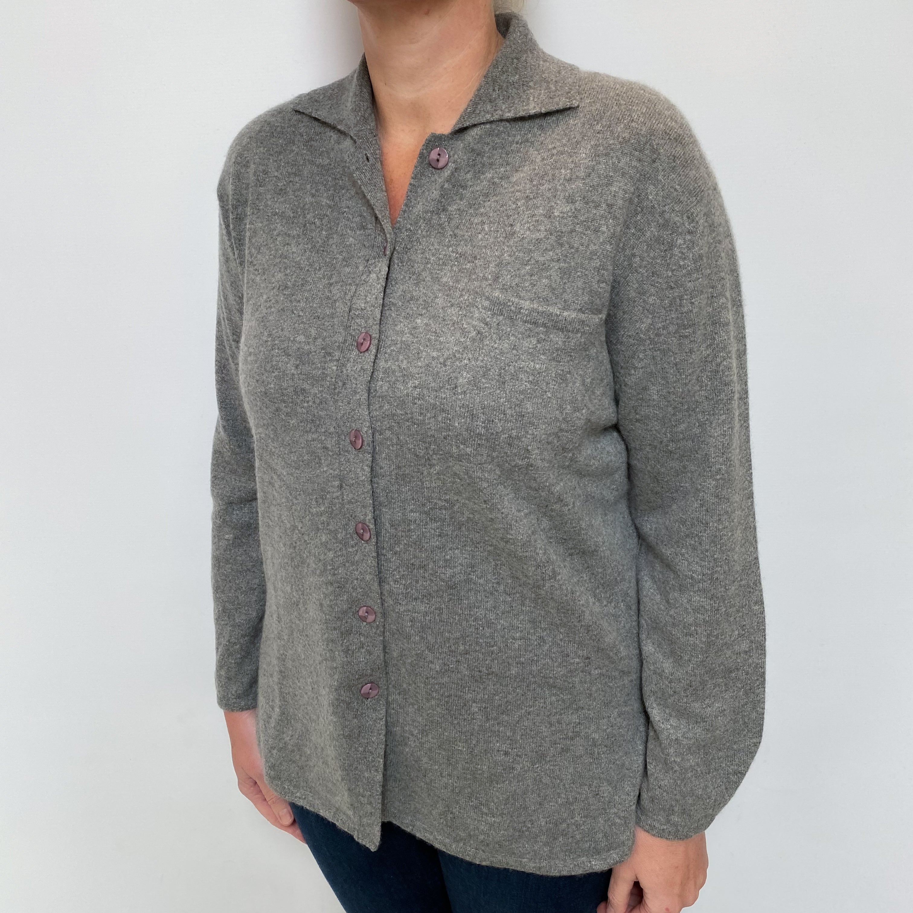 Ash Grey Cashmere Shirt Style Cardigan Large