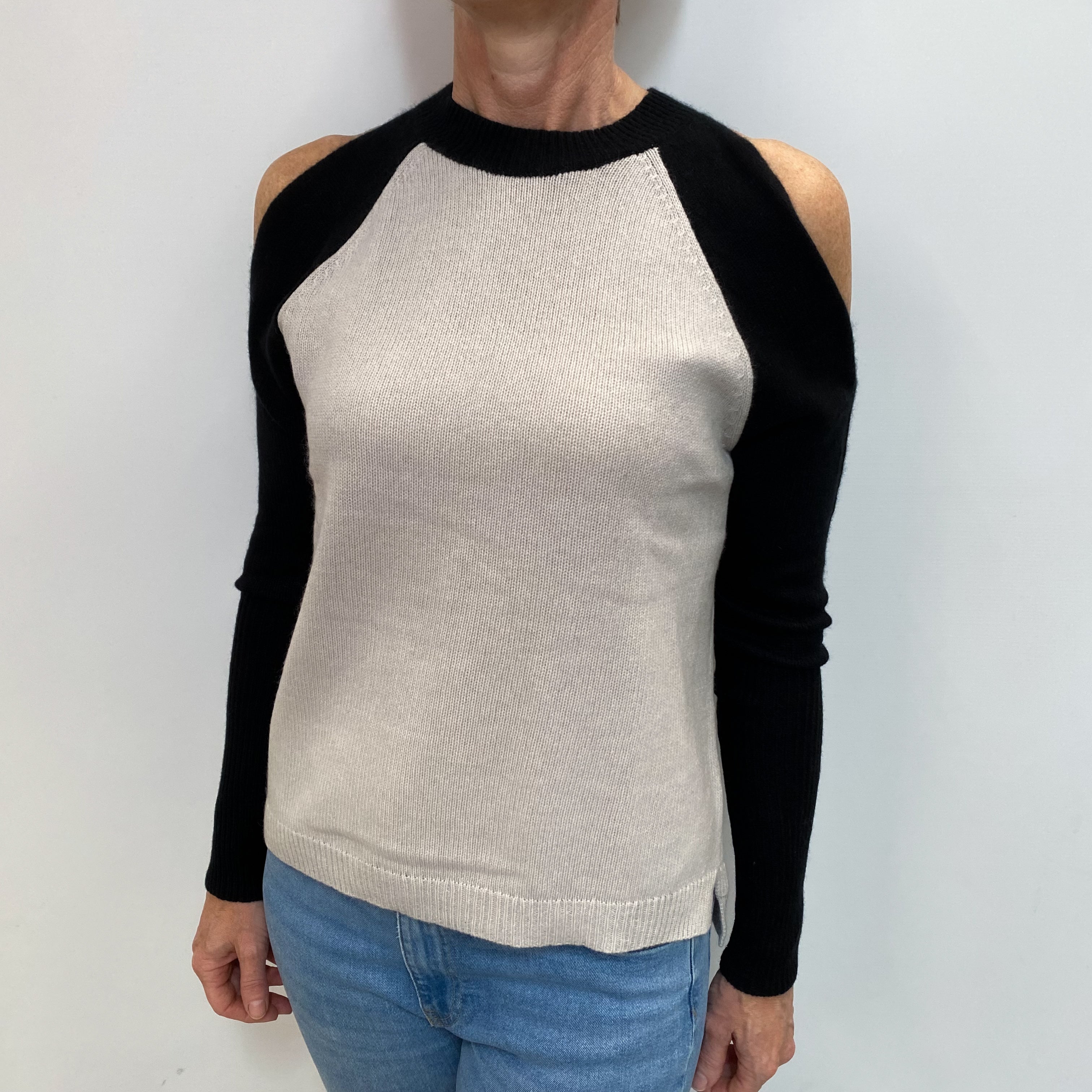 Frost Grey Colour Block Cashmere Cold Shoulder Crew Neck Jumper Small
