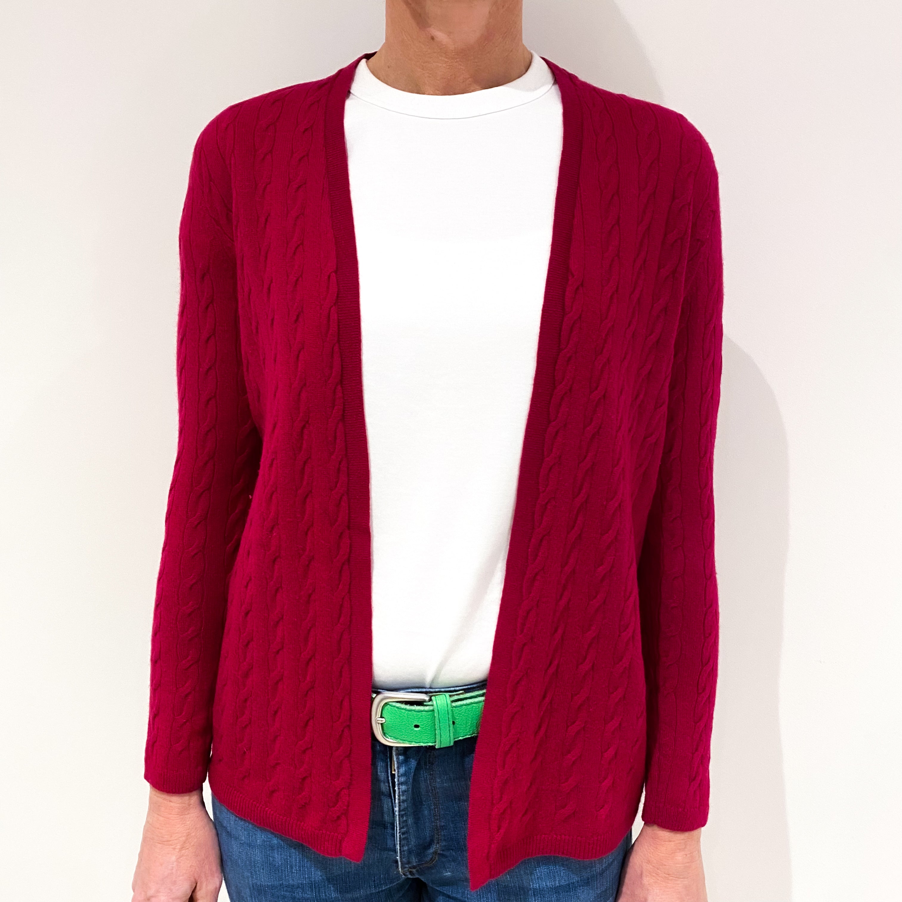 Cherry Red Cable Knit Cashmere Edge To Edge Cardigan Small