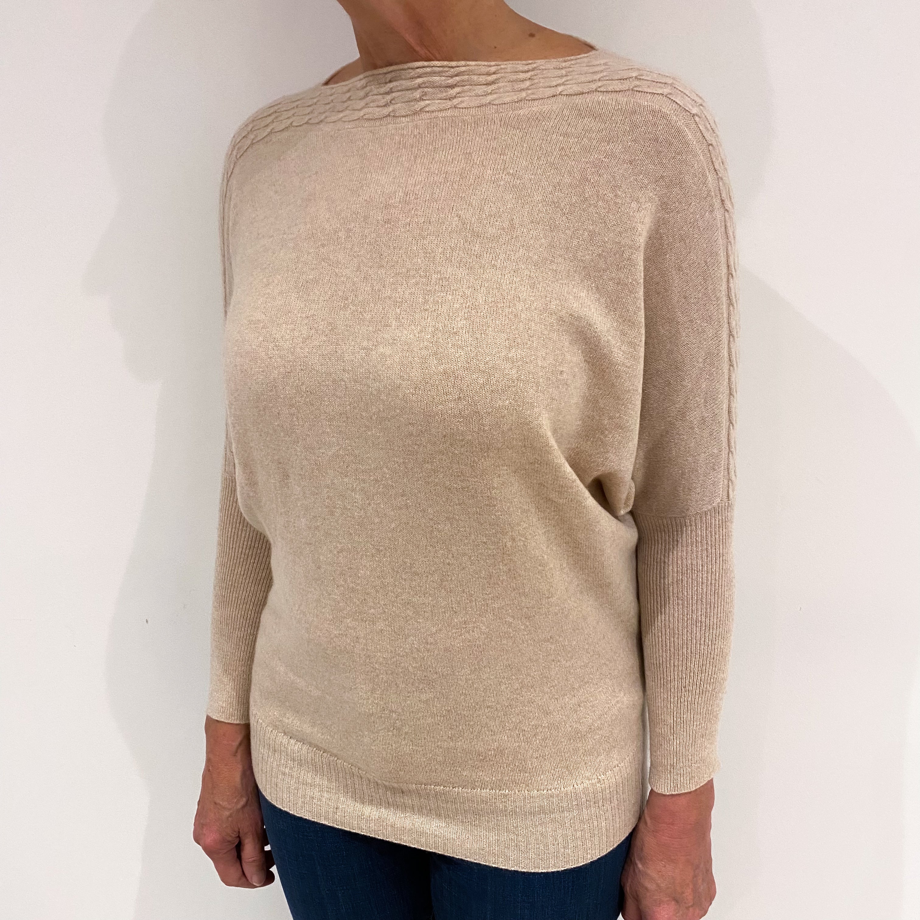 Buff Beige Cable Slash Neck Cashmere Crew Neck Jumper Medium