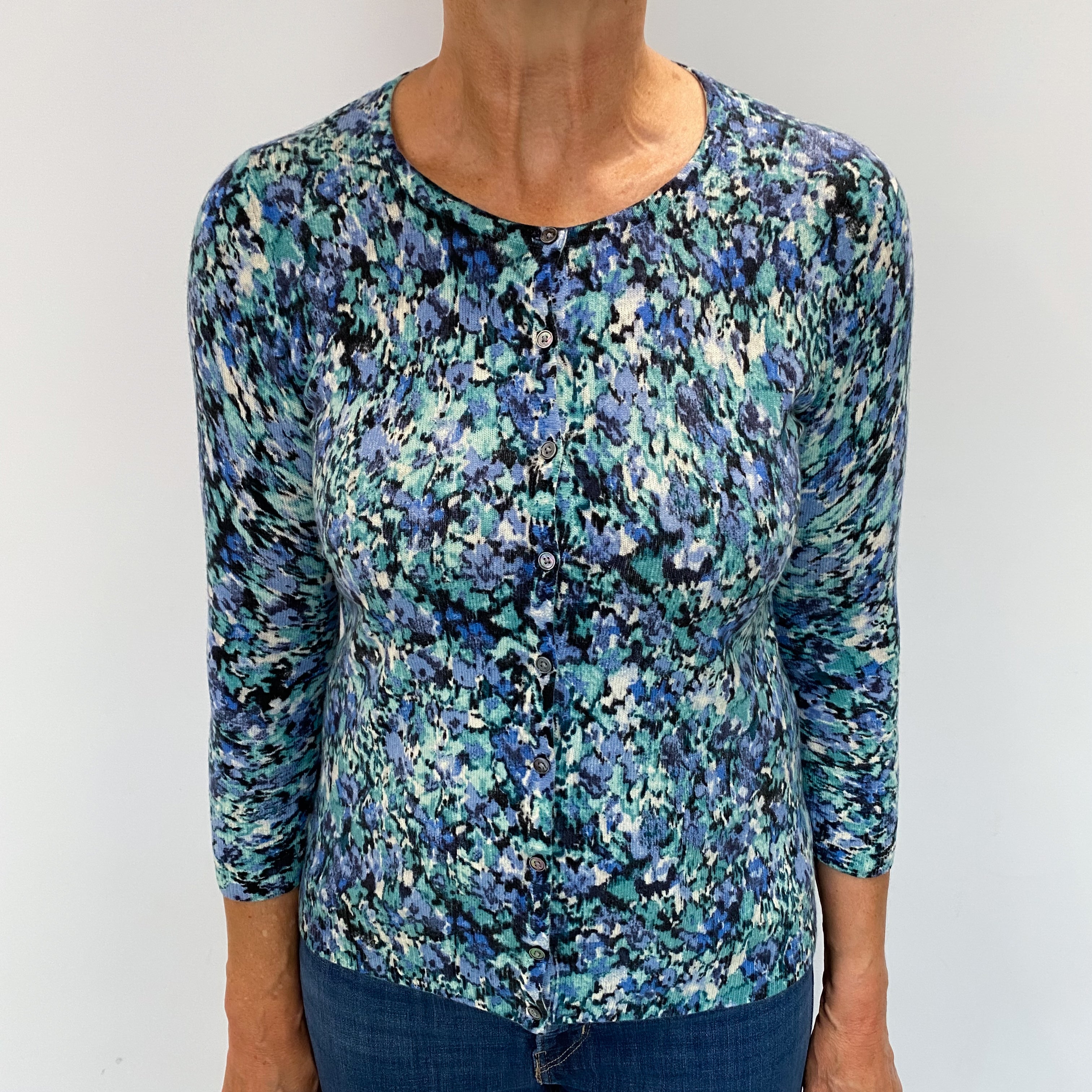 Sea Foam Blue Patterned Cashmere Crew Neck Cardigan Medium