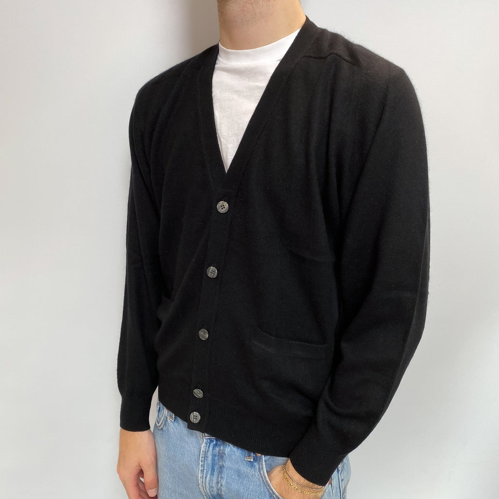 Men's Black Cashmere V Neck Cardigan Medium