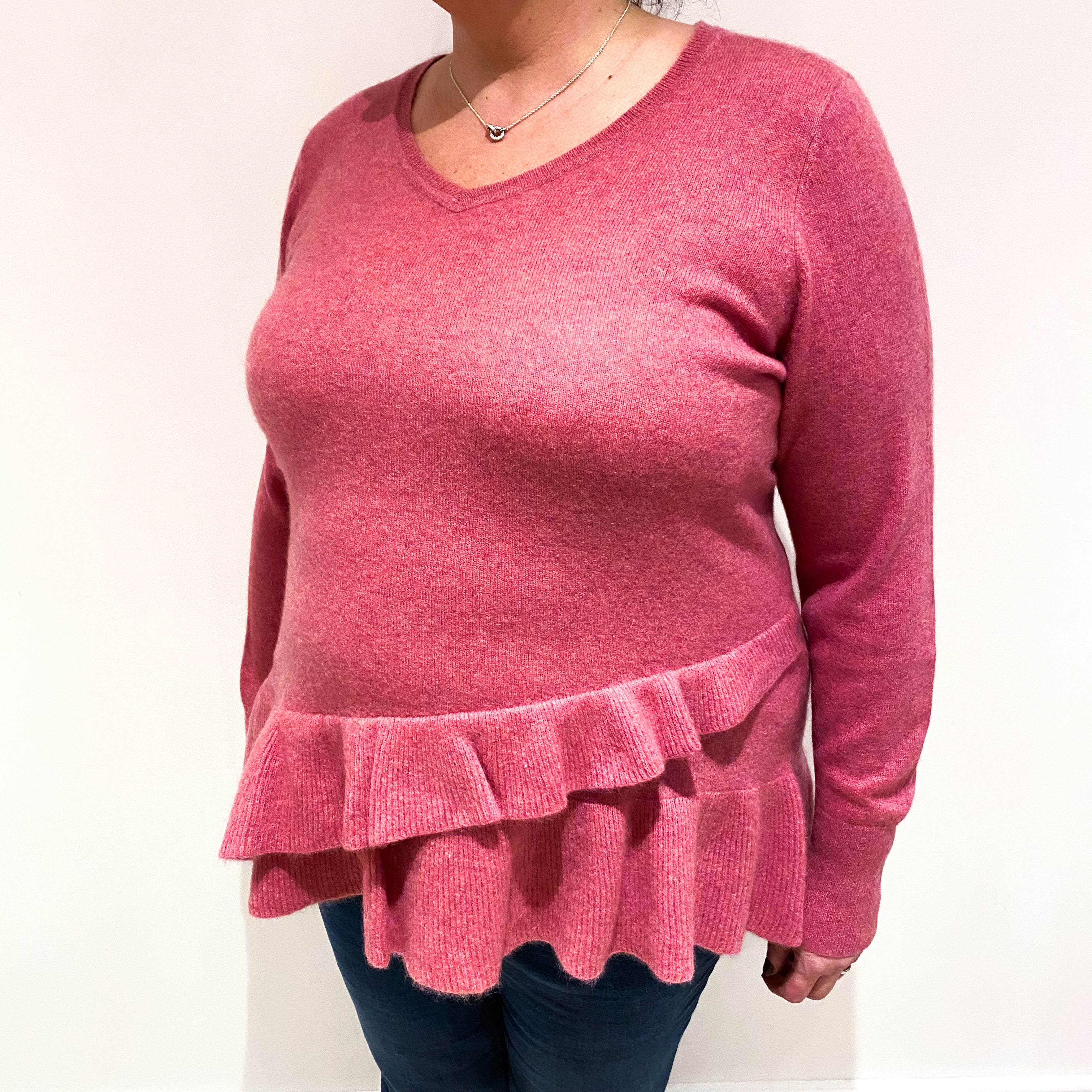 Muted Raspberry Pink Cashmere Ruffle V Neck Jumper Extra Large