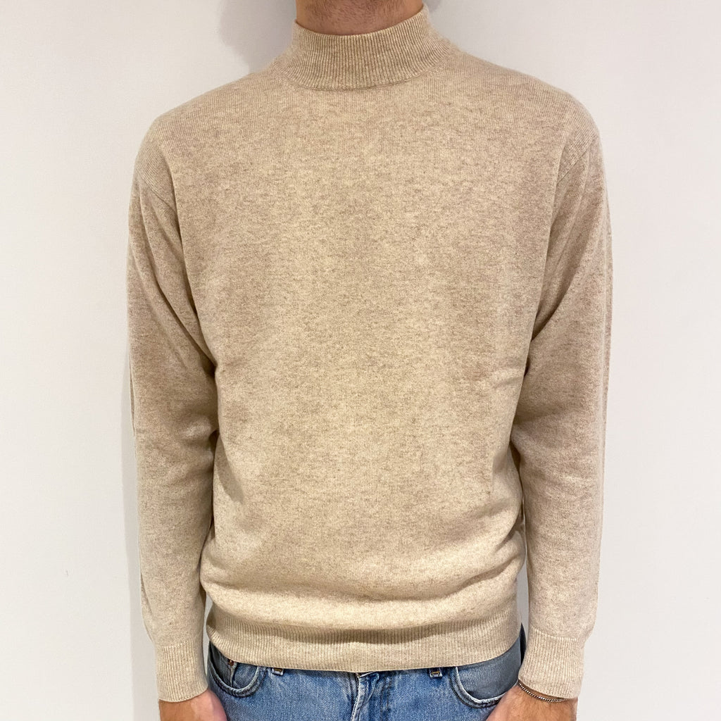 Men's Honey Beige Cashmere Turtle Neck Jumper Large
