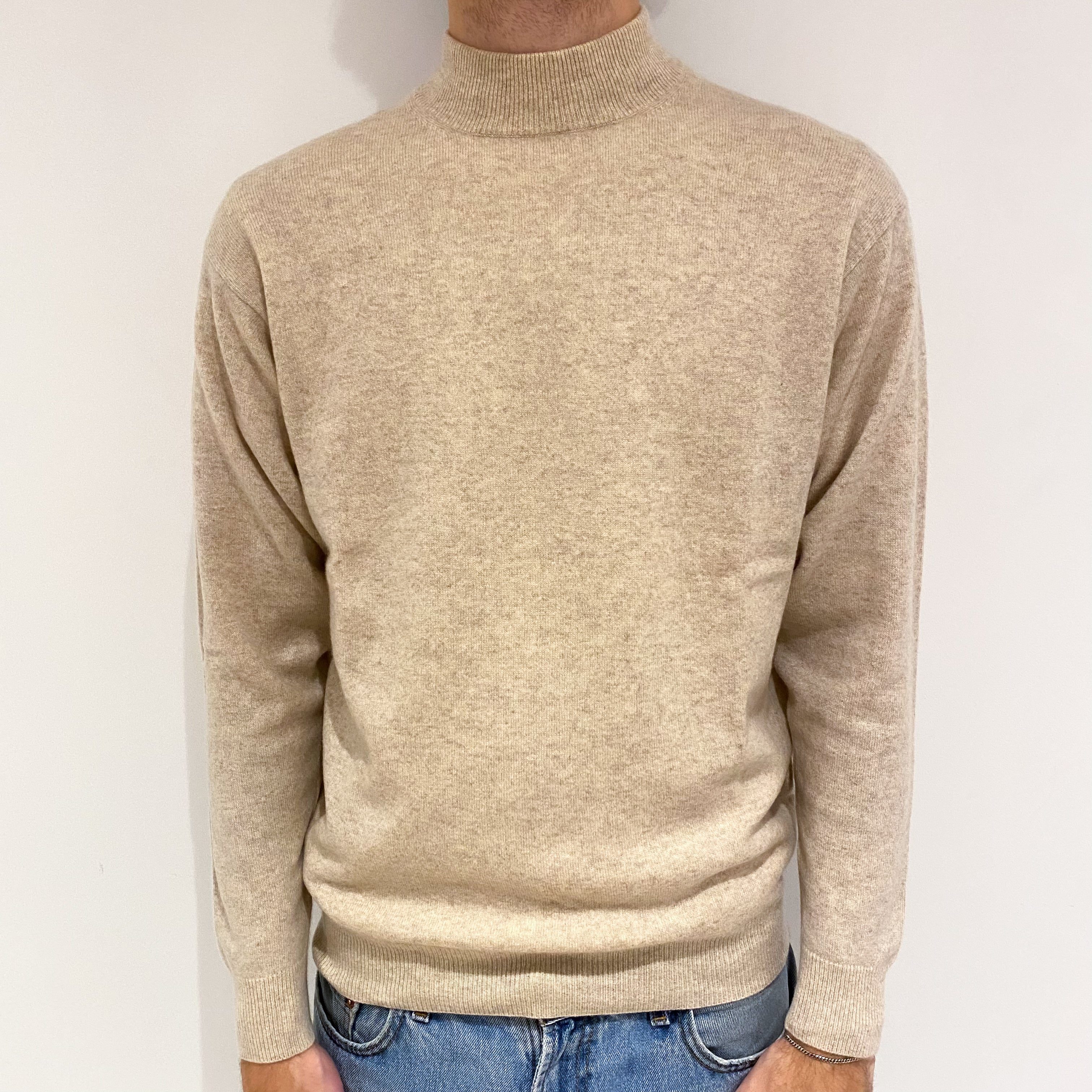 Men's Honey Beige Cashmere Turtle Neck Jumper Large