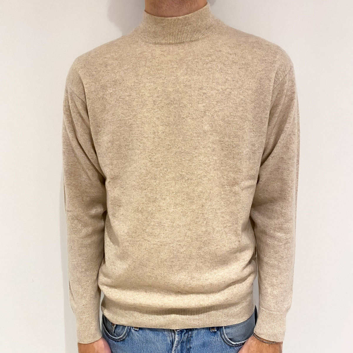 Men's Honey Beige Cashmere Turtle Neck Jumper Large