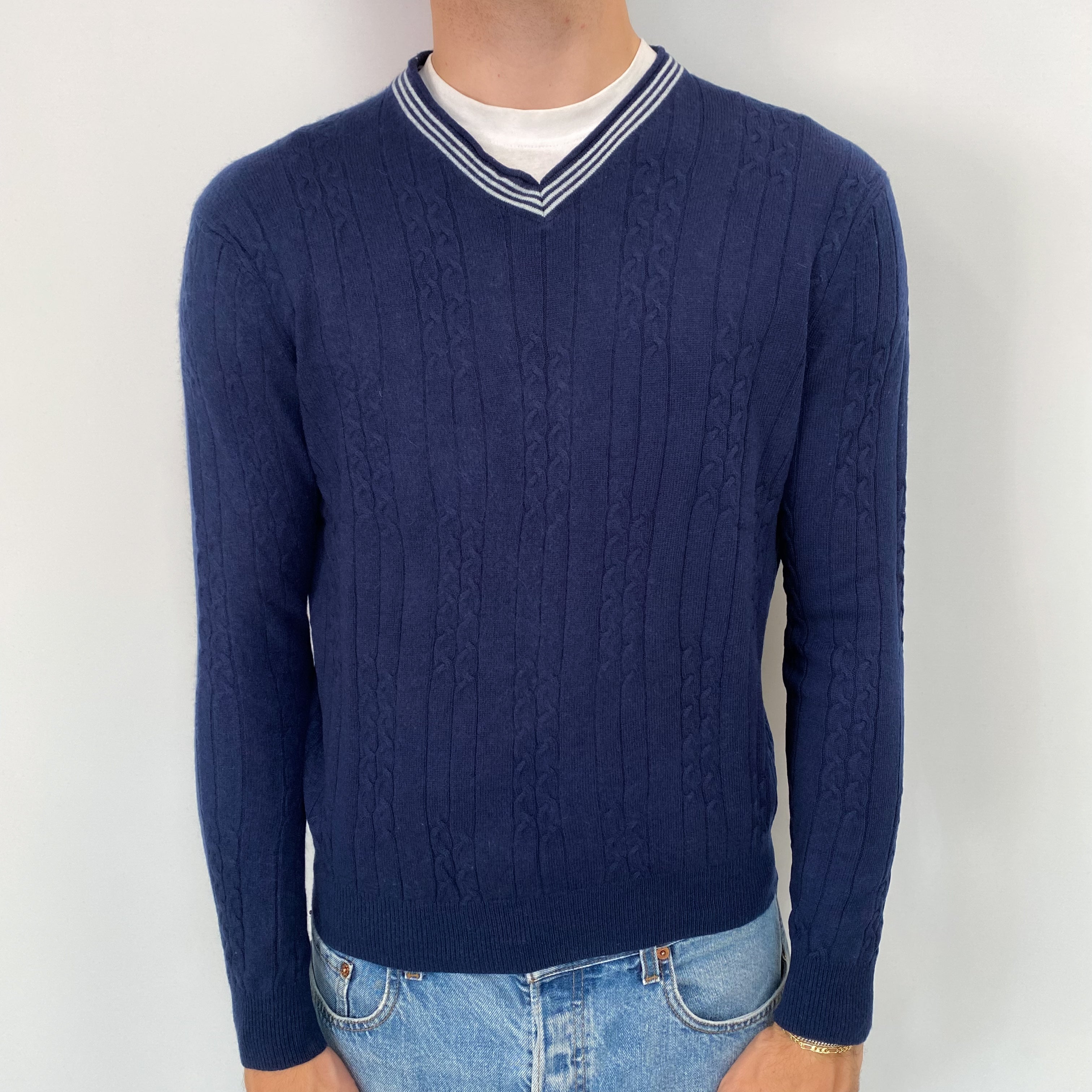Men's Navy Cashmere V Neck Jumper Medium